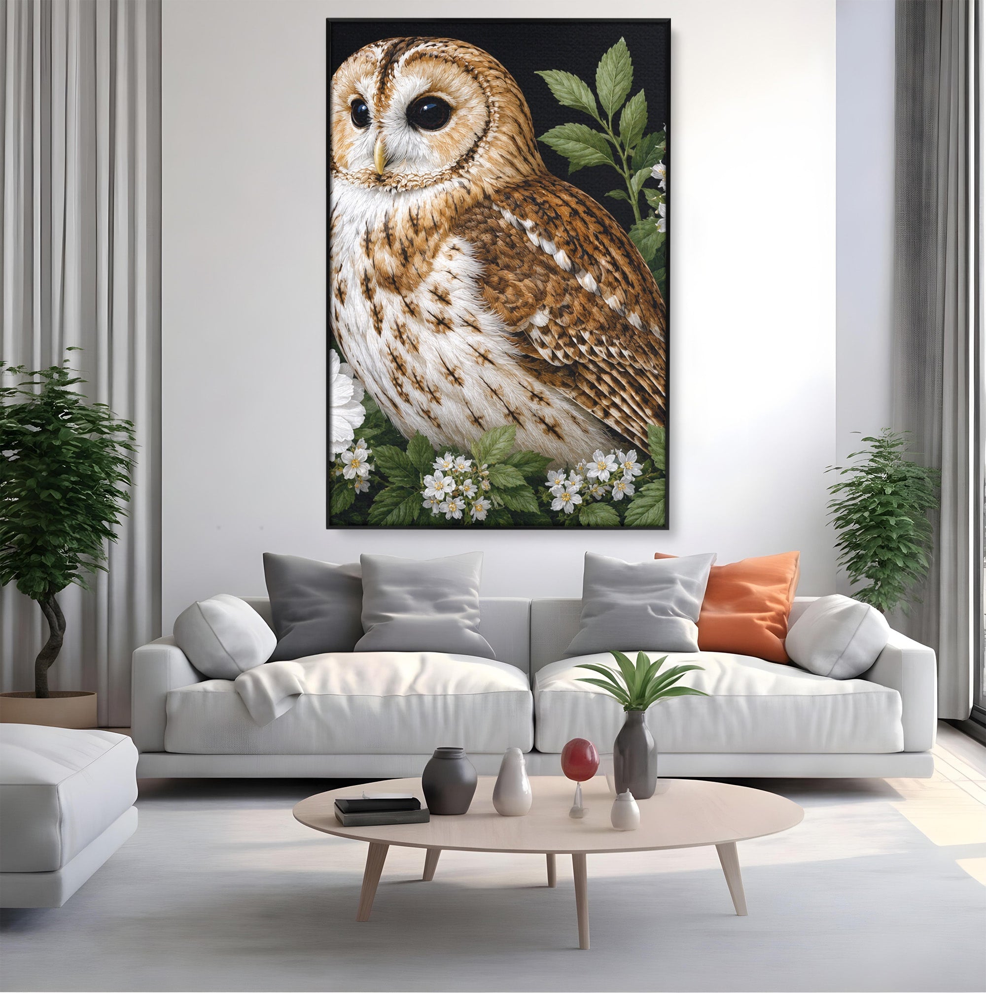 Tablou Canvas Premium LuxCanva® M1667, Bufnita Printre Flori, Bufnita, Flori, Natura, Animale, Detalii, Living, Culori Vibrante