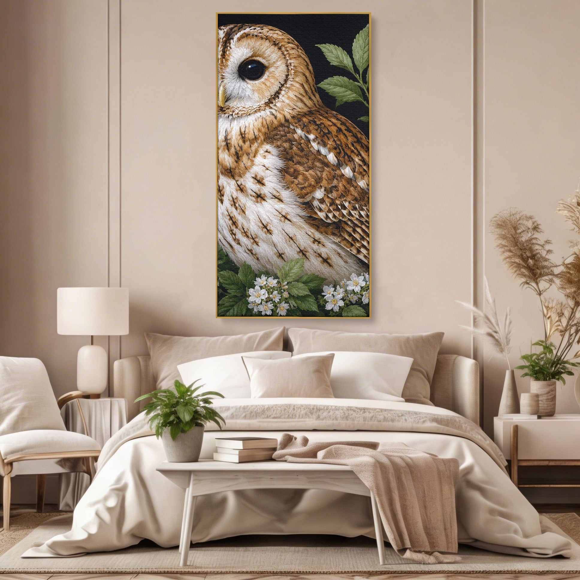 Tablou Canvas Premium LuxCanva® M1667, Bufnita Printre Flori, Bufnita, Flori, Natura, Animale, Detalii, Living, Culori Vibrante