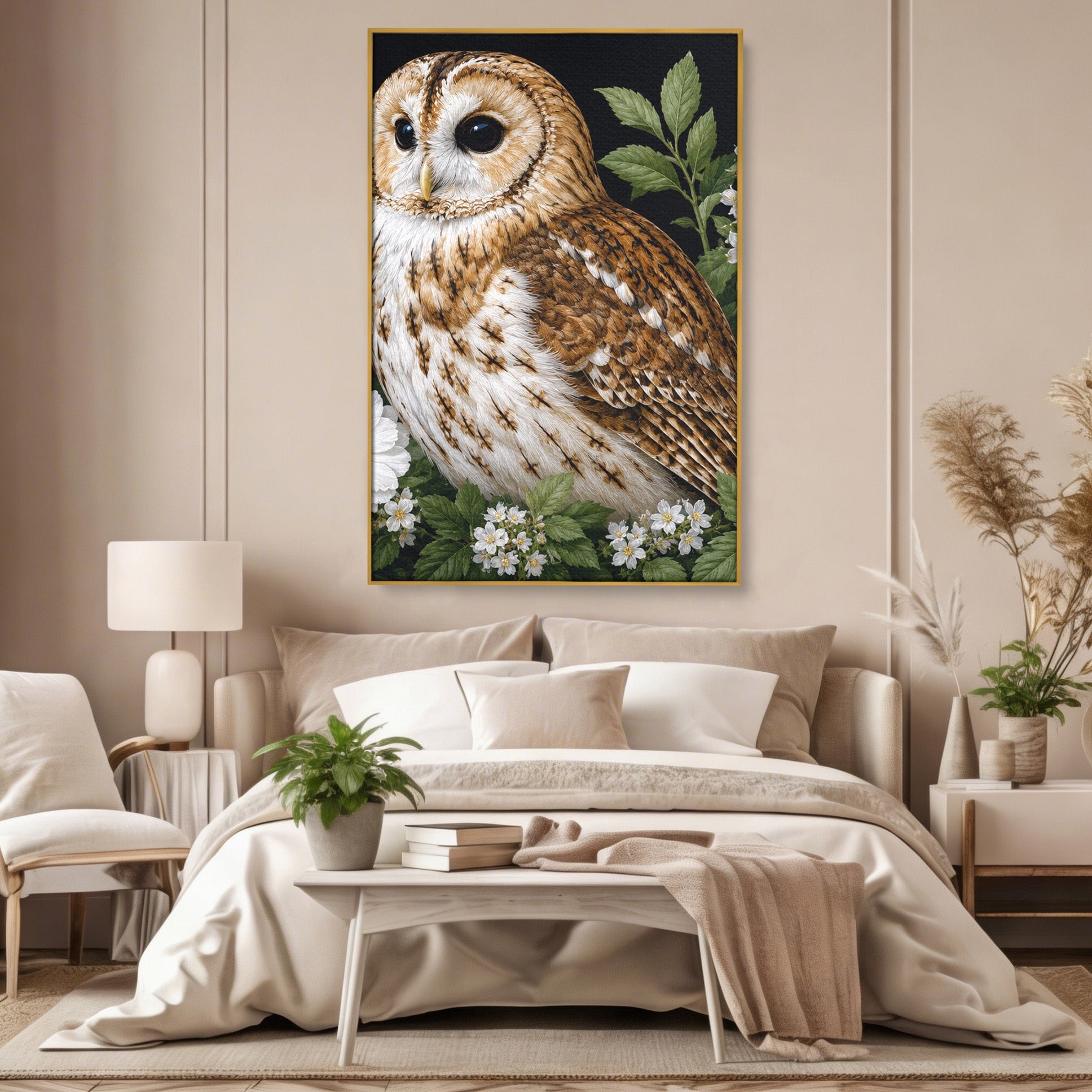 Tablou Canvas Premium LuxCanva® M1667, Bufnita Printre Flori, Bufnita, Flori, Natura, Animale, Detalii, Living, Culori Vibrante