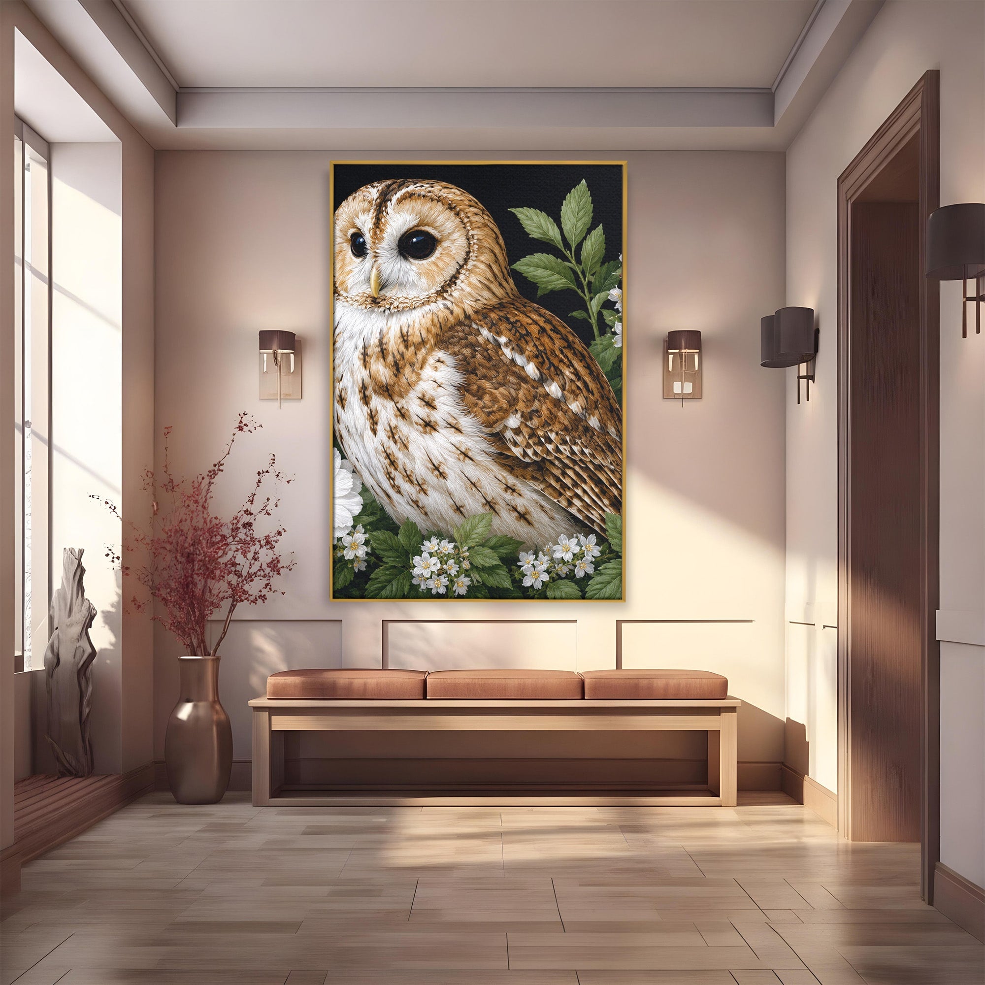 Tablou Canvas Premium LuxCanva® M1667, Bufnita Printre Flori, Bufnita, Flori, Natura, Animale, Detalii, Living, Culori Vibrante