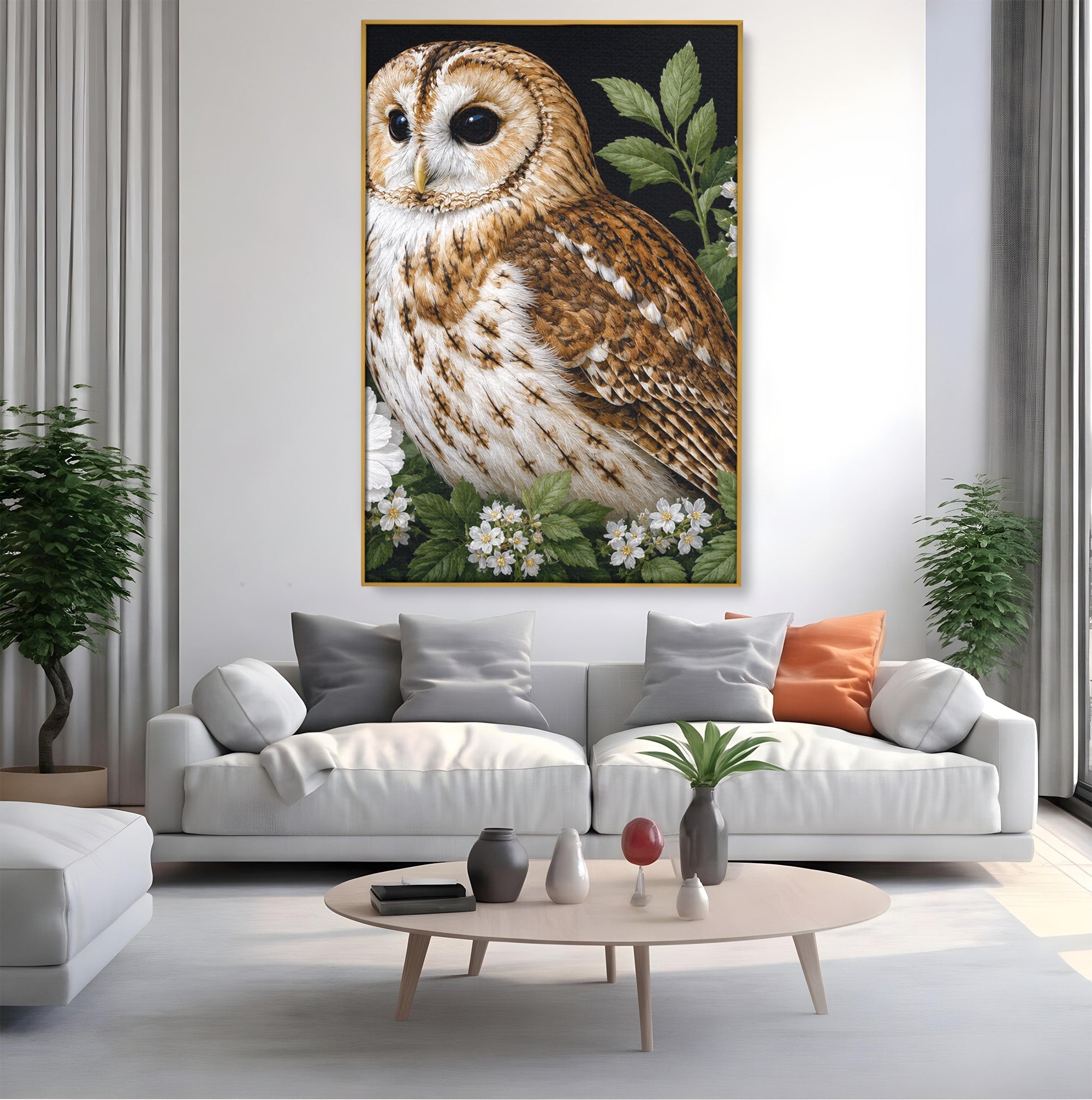 Tablou Canvas Premium LuxCanva® M1667, Bufnita Printre Flori, Bufnita, Flori, Natura, Animale, Detalii, Living, Culori Vibrante