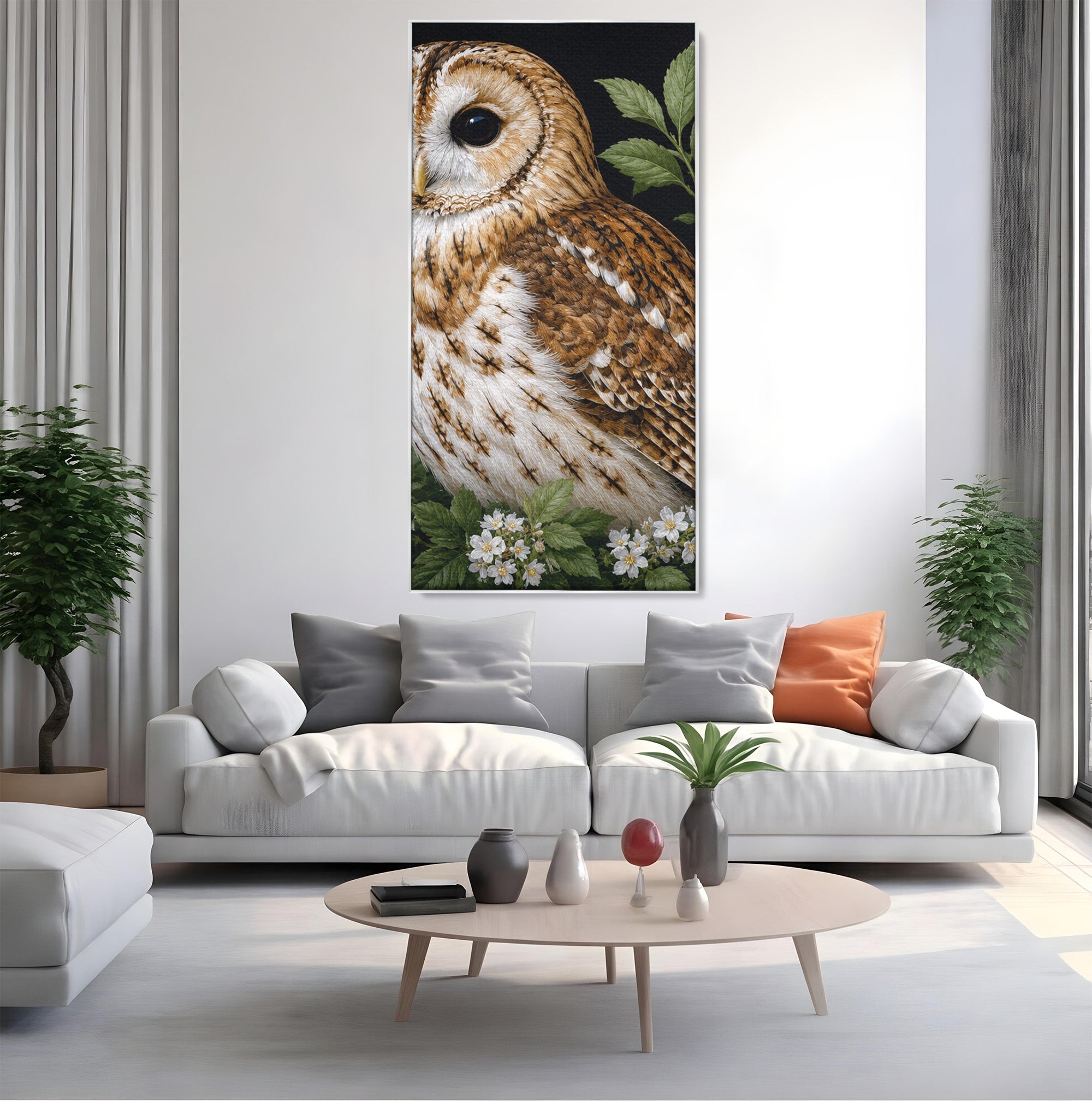 Tablou Canvas Premium LuxCanva® M1667, Bufnita Printre Flori, Bufnita, Flori, Natura, Animale, Detalii, Living, Culori Vibrante