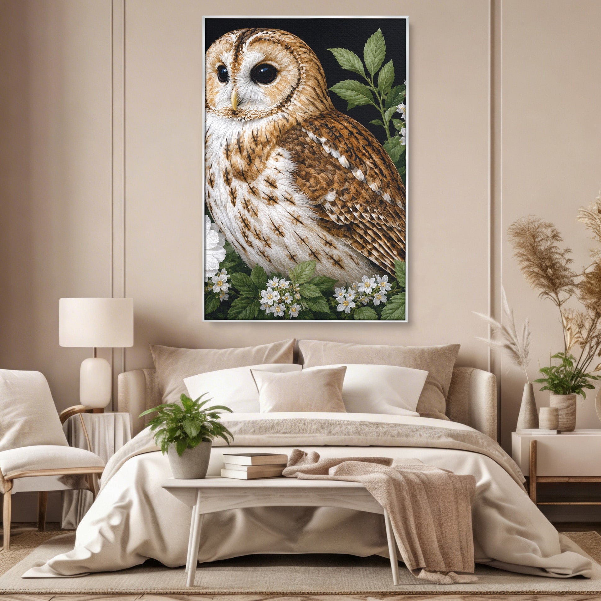 Tablou Canvas Premium LuxCanva® M1667, Bufnita Printre Flori, Bufnita, Flori, Natura, Animale, Detalii, Living, Culori Vibrante