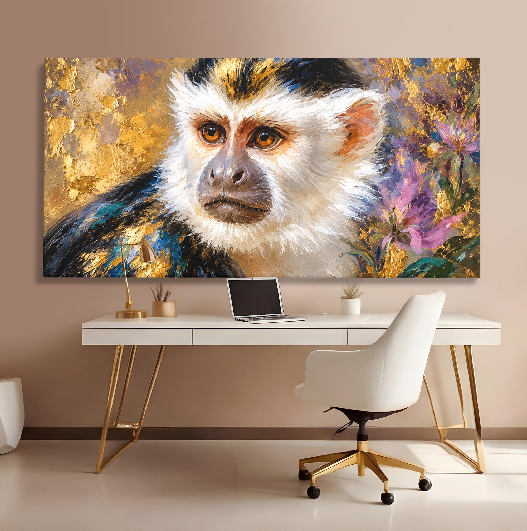 Tablou Canvas Premium LuxCanva® M1668, Maimuta Aurie, Maimuta, Portret, Animale, Natura, Birou, Culori Vibrante
