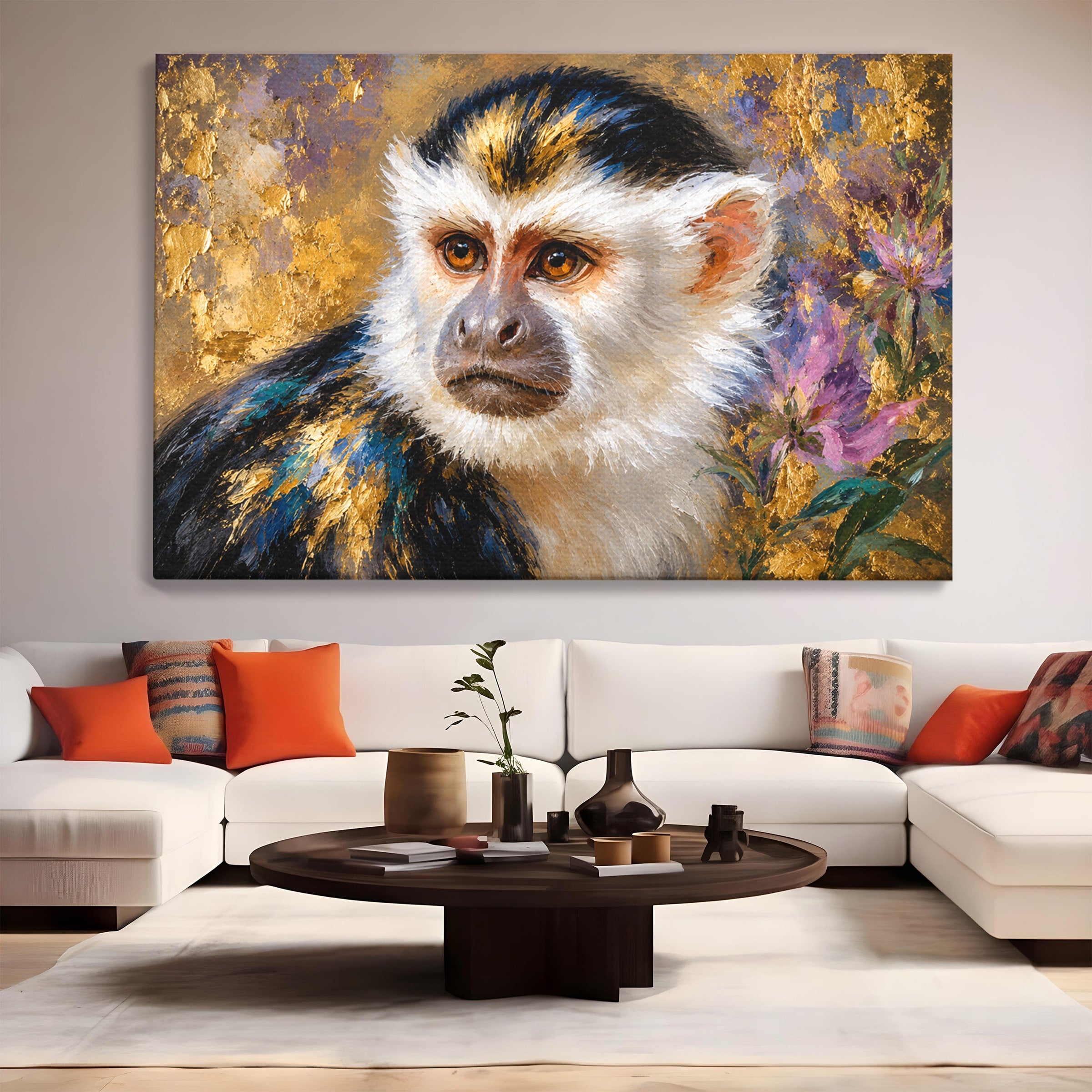 Tablou Canvas Premium LuxCanva® M1668, Maimuta Aurie, Maimuta, Portret, Animale, Natura, Birou, Culori Vibrante