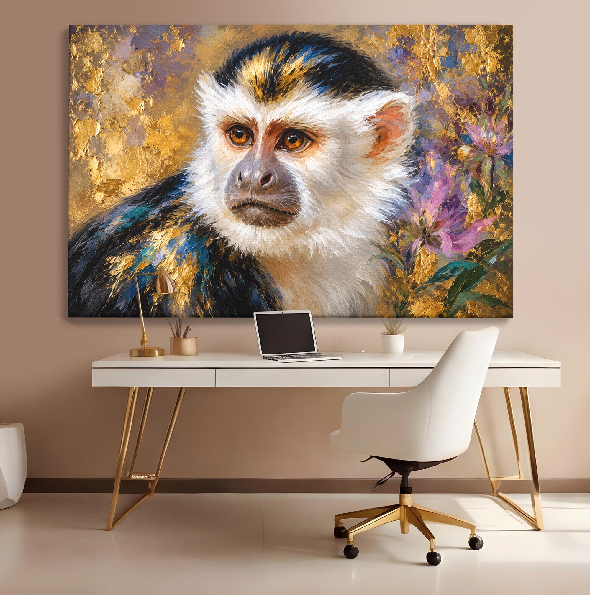 Tablou Canvas Premium LuxCanva® M1668, Maimuta Aurie, Maimuta, Portret, Animale, Natura, Birou, Culori Vibrante