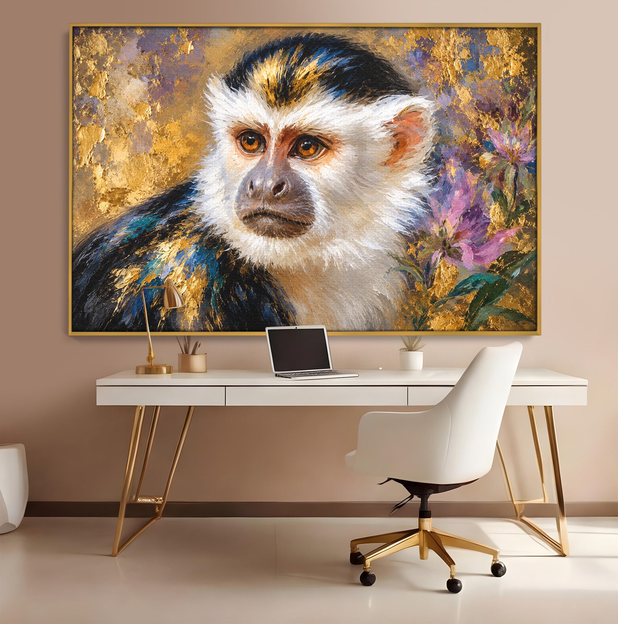 Tablou Canvas Premium LuxCanva® M1668, Maimuta Aurie, Maimuta, Portret, Animale, Natura, Birou, Culori Vibrante