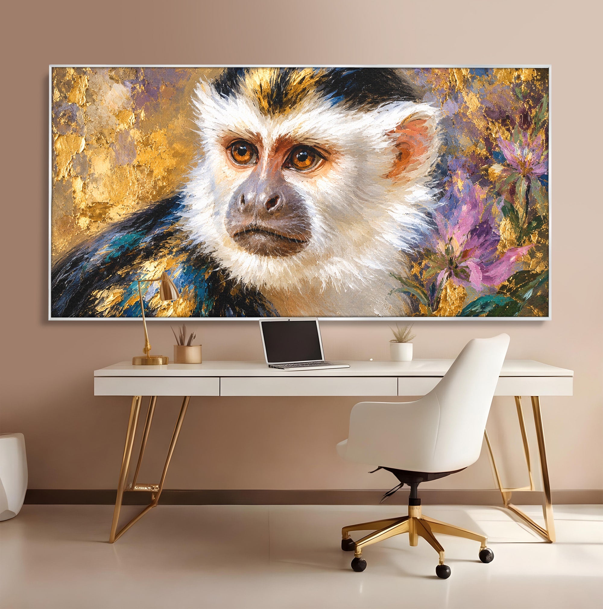 Tablou Canvas Premium LuxCanva® M1668, Maimuta Aurie, Maimuta, Portret, Animale, Natura, Birou, Culori Vibrante