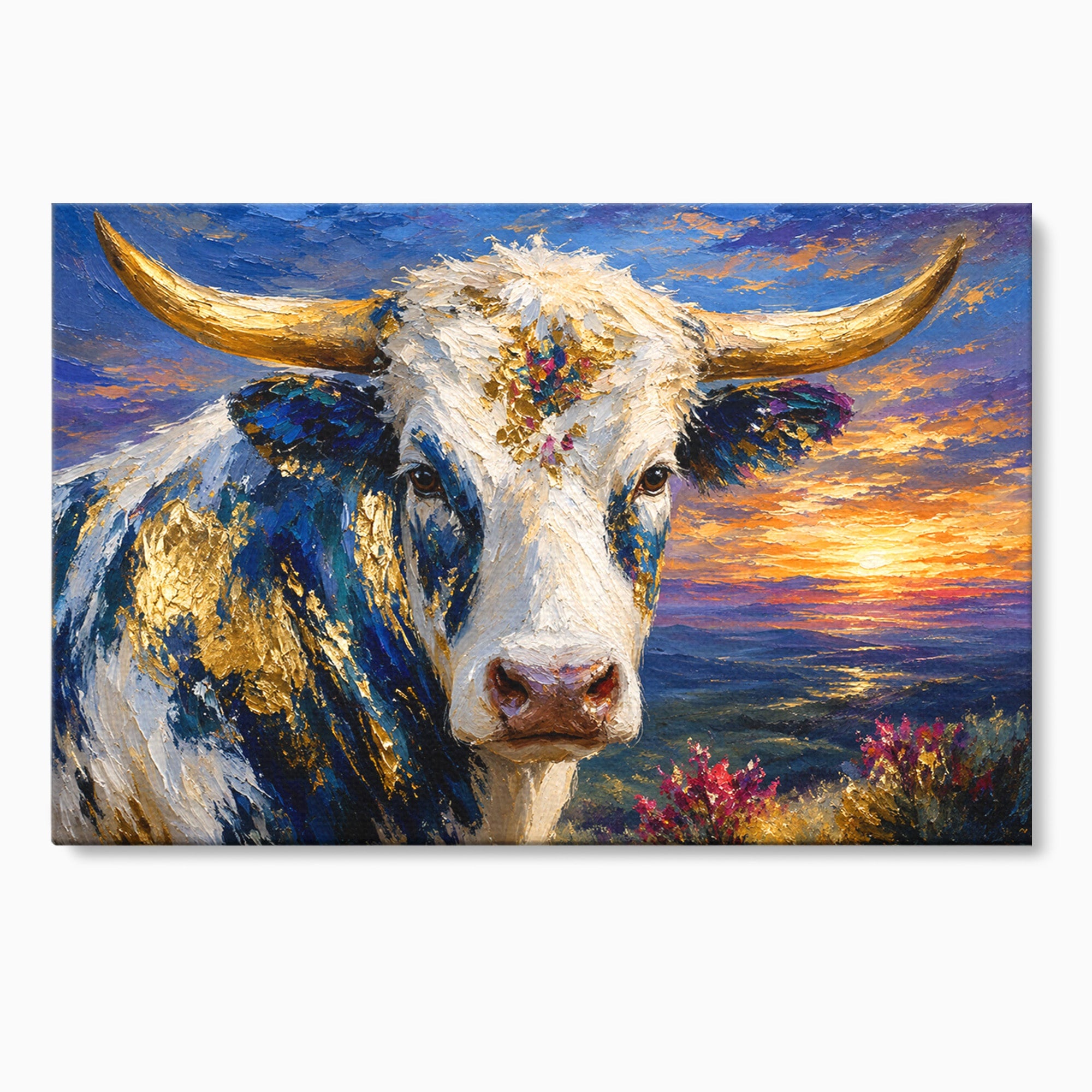 Tablou Canvas Premium LuxCanva® M1669, Vaca La Apus, Vaca, Apus, Peisaj, Animale, Living, Culori Vibrante