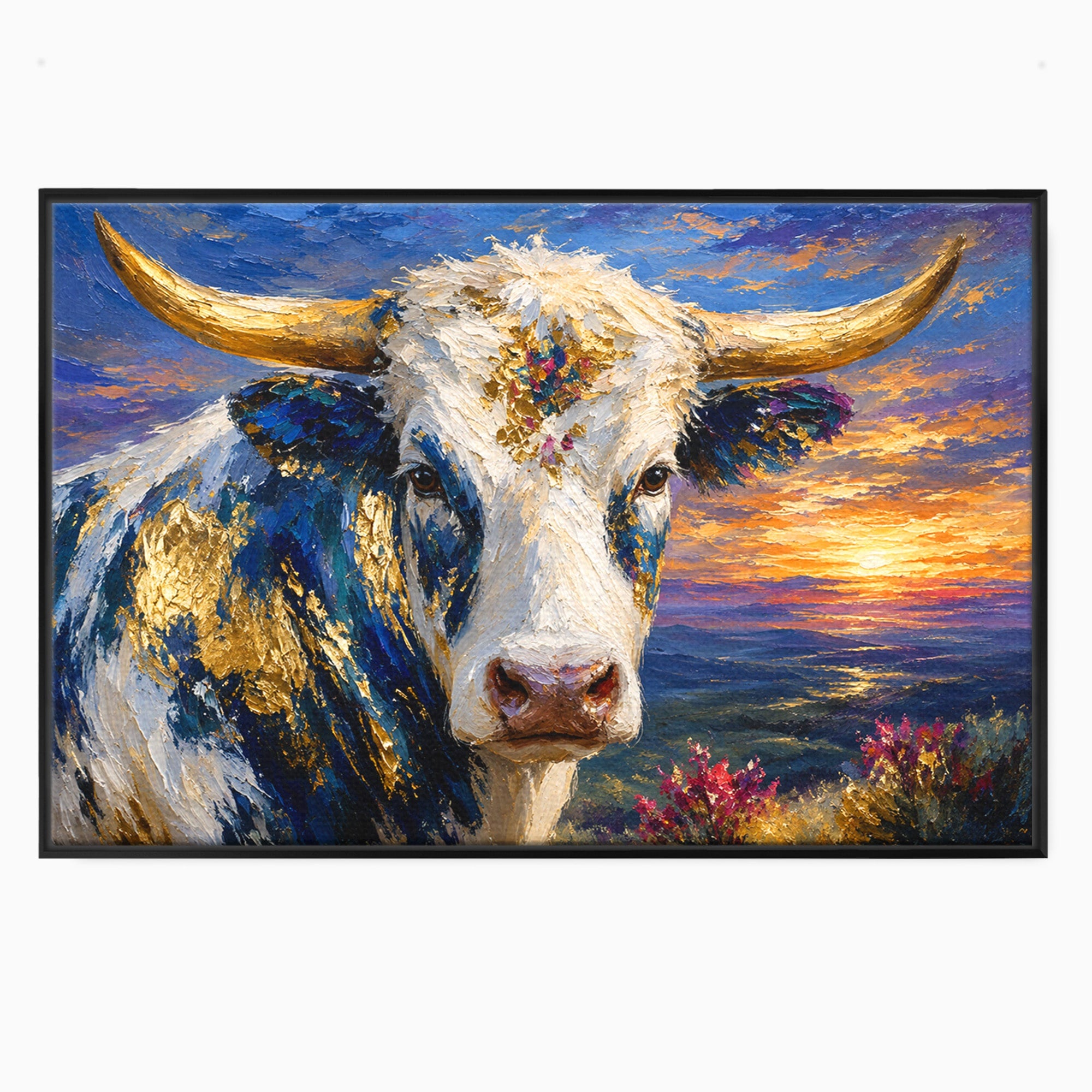 Tablou Canvas Premium LuxCanva® M1669, Vaca La Apus, Vaca, Apus, Peisaj, Animale, Living, Culori Vibrante