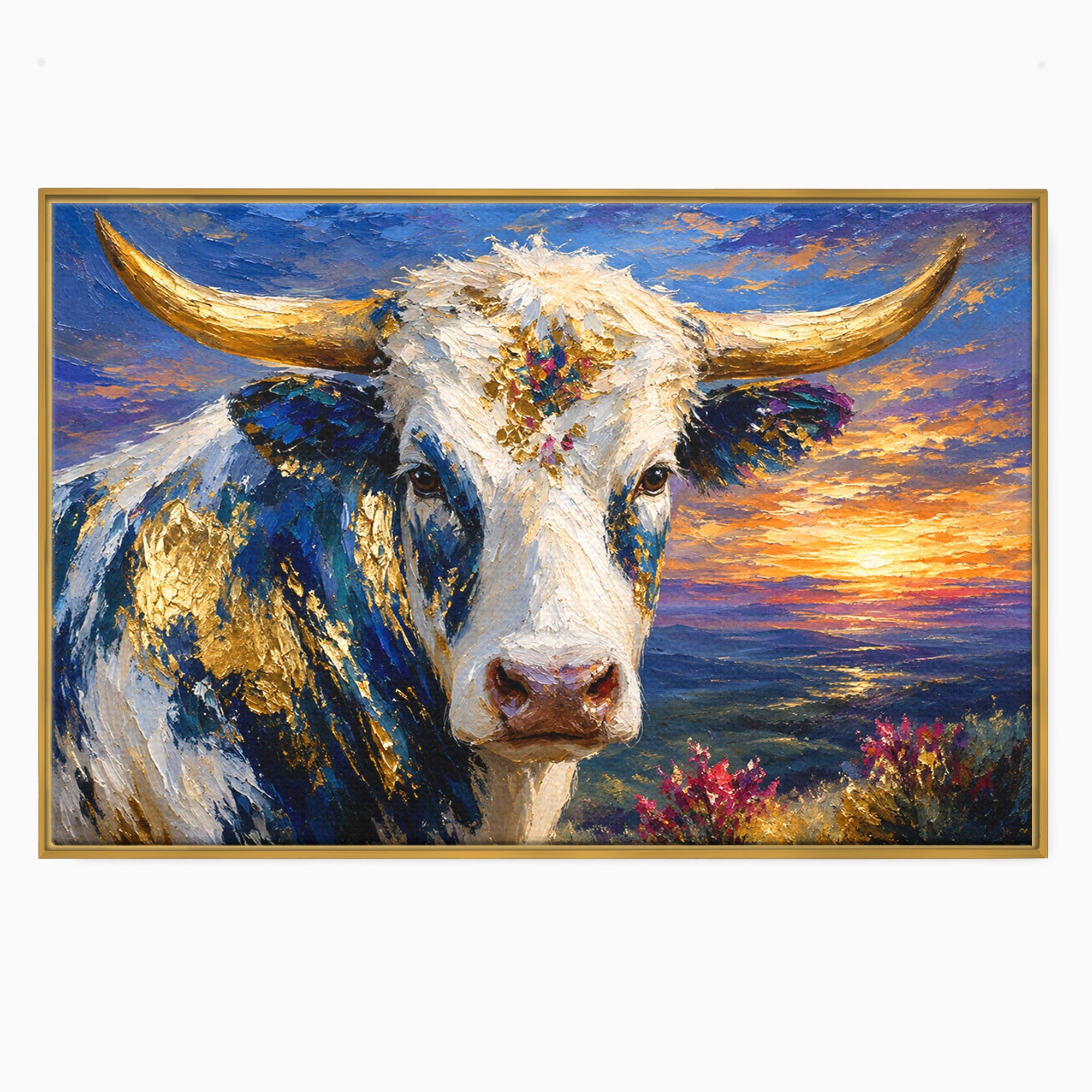 Tablou Canvas Premium LuxCanva® M1669, Vaca La Apus, Vaca, Apus, Peisaj, Animale, Living, Culori Vibrante