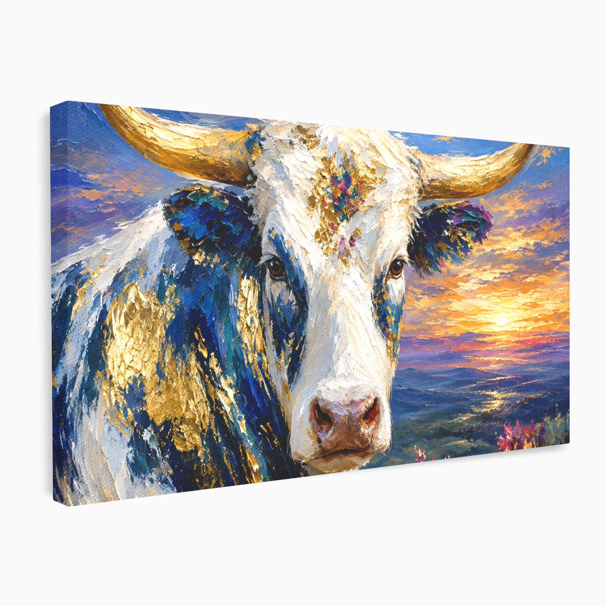 Tablou Canvas Premium LuxCanva® M1669, Vaca La Apus, Vaca, Apus, Peisaj, Animale, Living, Culori Vibrante