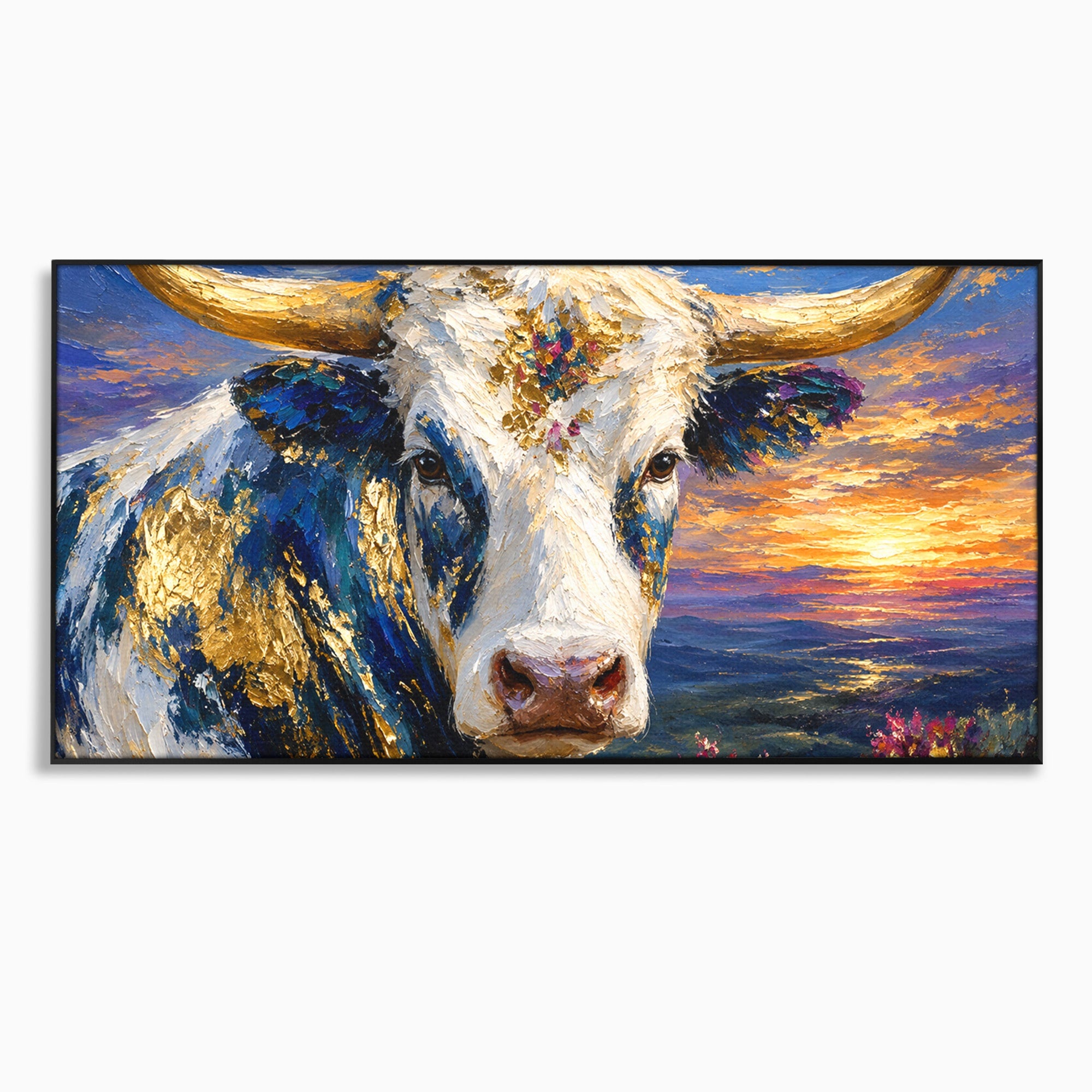 Tablou Canvas Premium LuxCanva® M1669, Vaca La Apus, Vaca, Apus, Peisaj, Animale, Living, Culori Vibrante