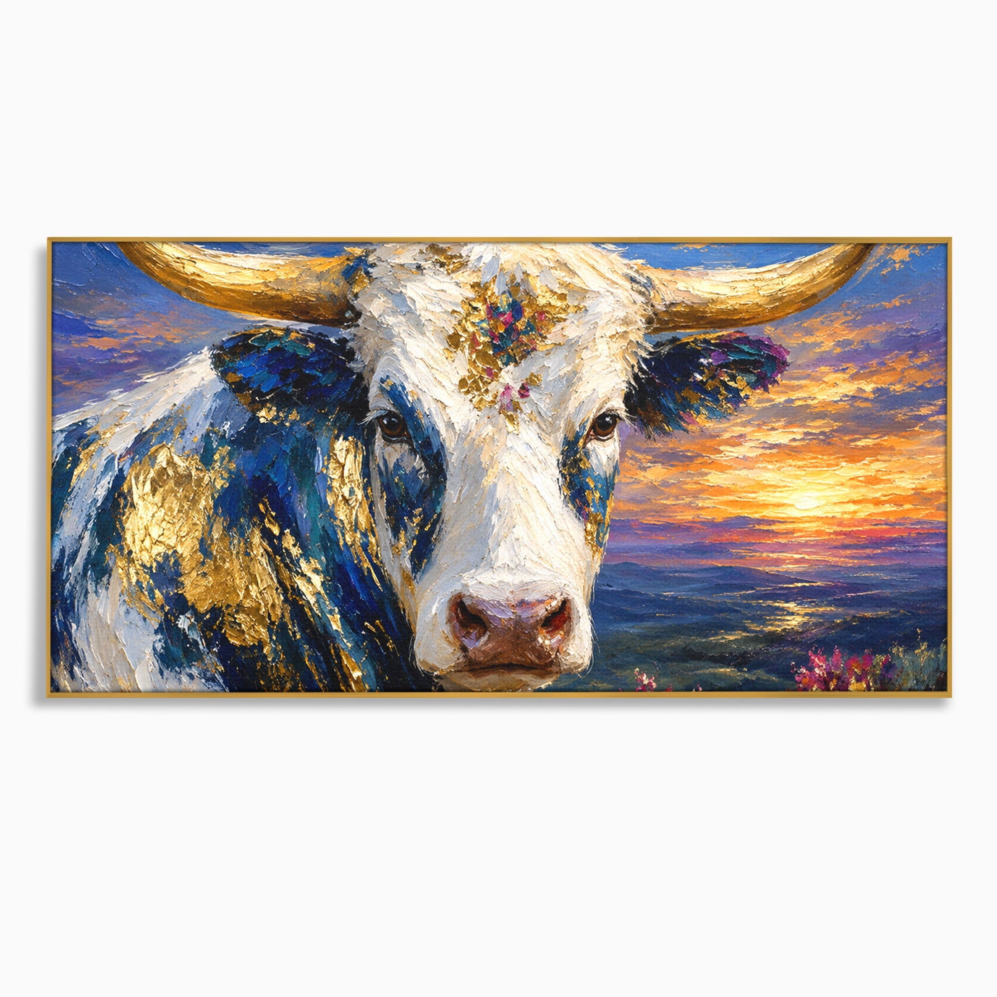 Tablou Canvas Premium LuxCanva® M1669, Vaca La Apus, Vaca, Apus, Peisaj, Animale, Living, Culori Vibrante