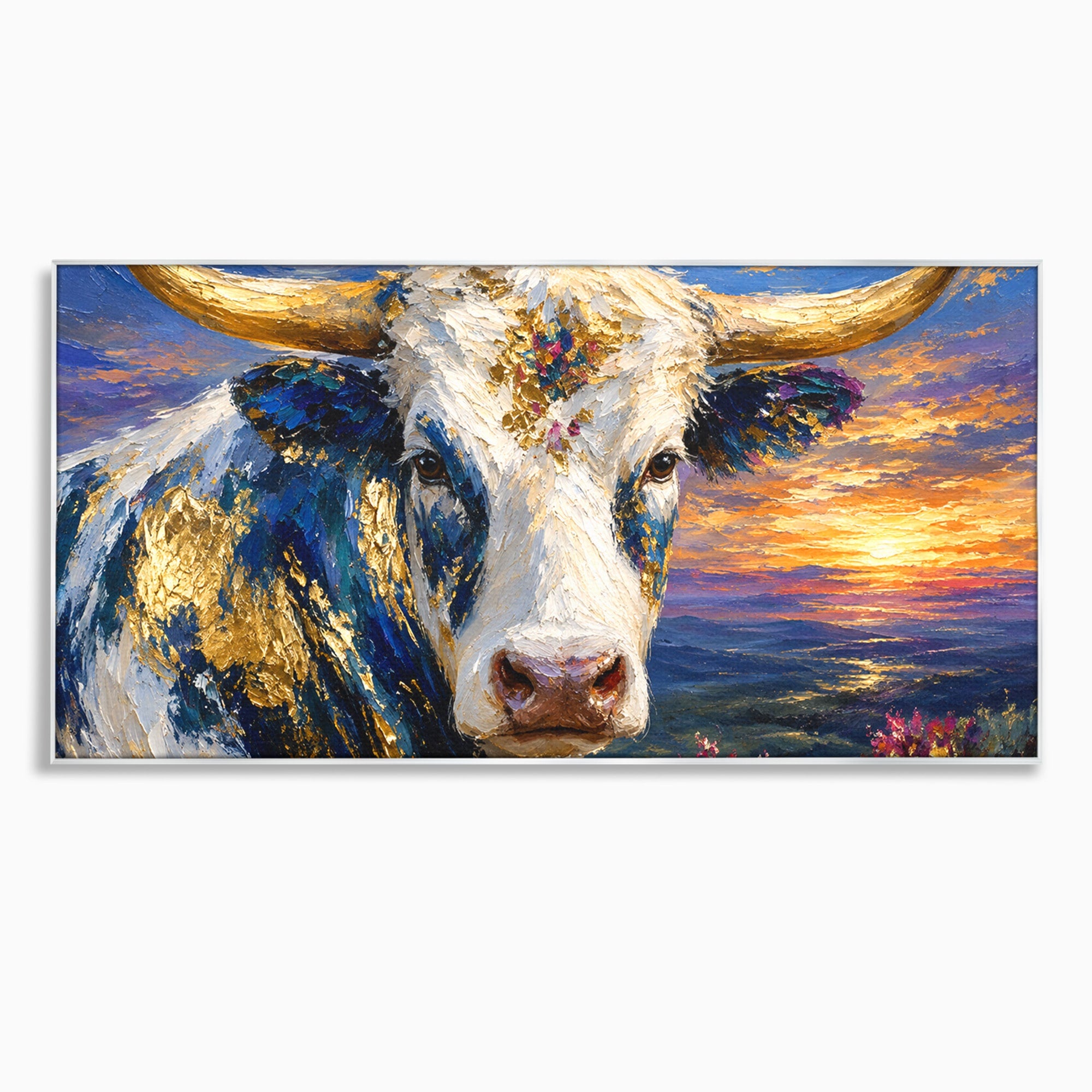 Tablou Canvas Premium LuxCanva® M1669, Vaca La Apus, Vaca, Apus, Peisaj, Animale, Living, Culori Vibrante