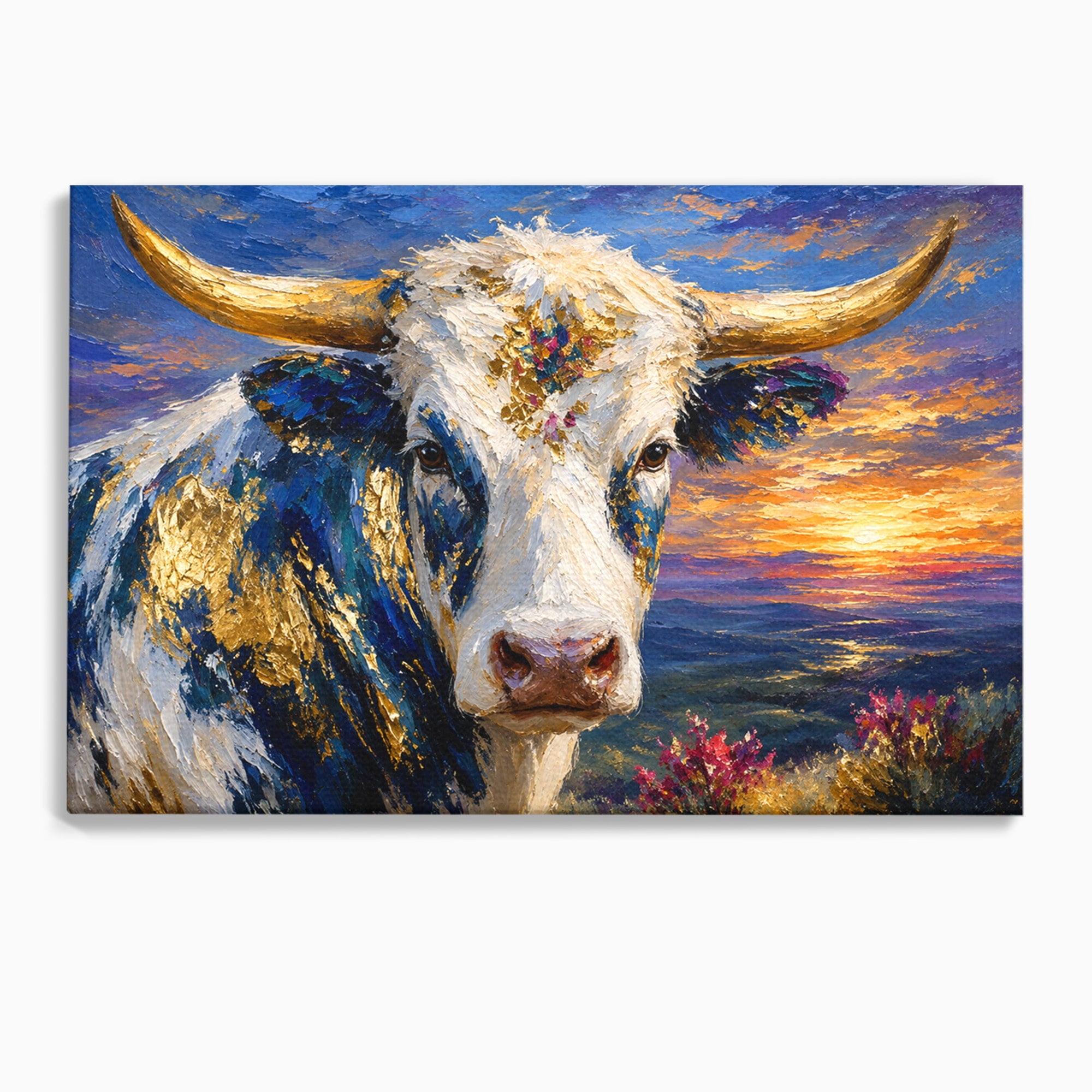 Tablou Canvas Premium LuxCanva® M1669, Vaca La Apus, Vaca, Apus, Peisaj, Animale, Living, Culori Vibrante
