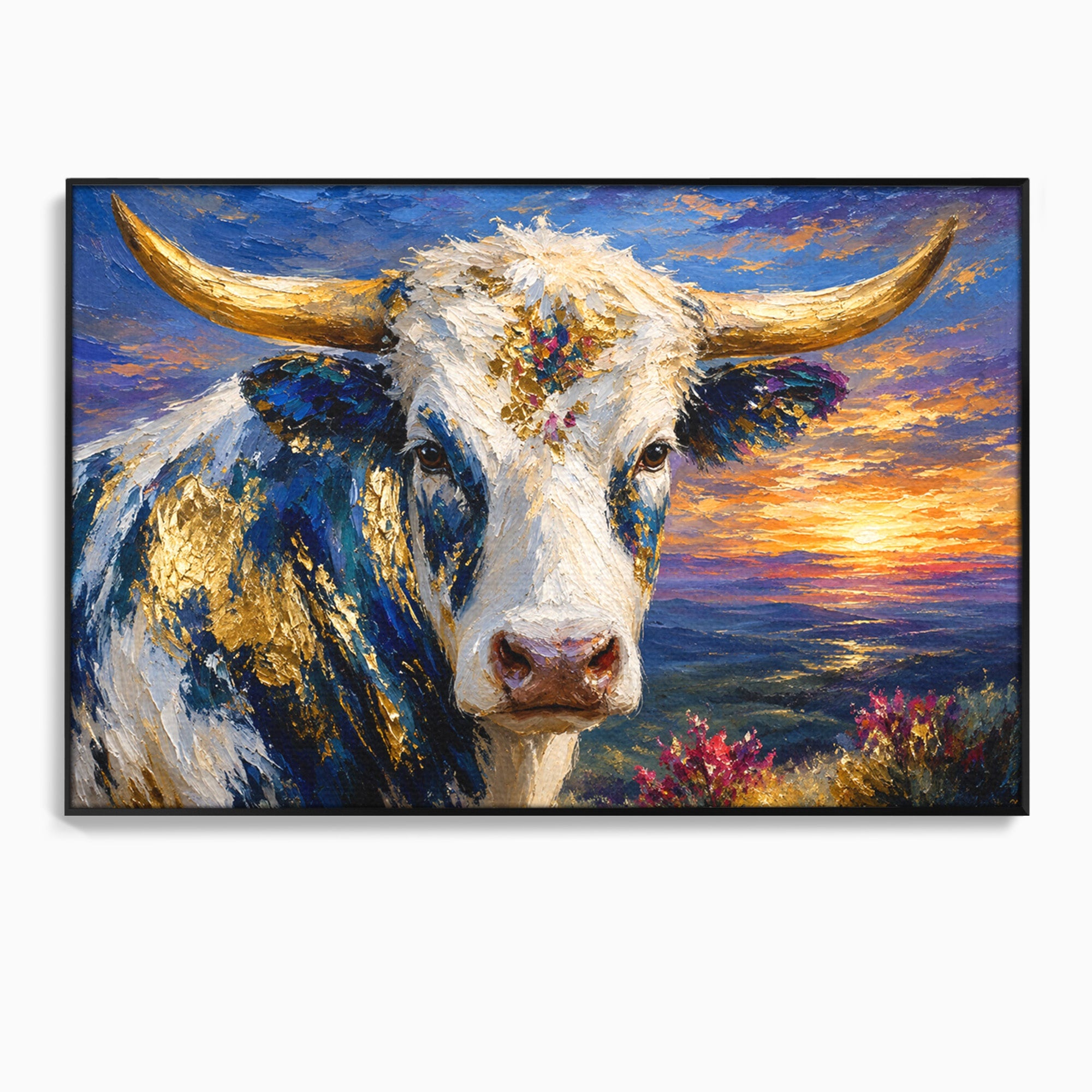 Tablou Canvas Premium LuxCanva® M1669, Vaca La Apus, Vaca, Apus, Peisaj, Animale, Living, Culori Vibrante