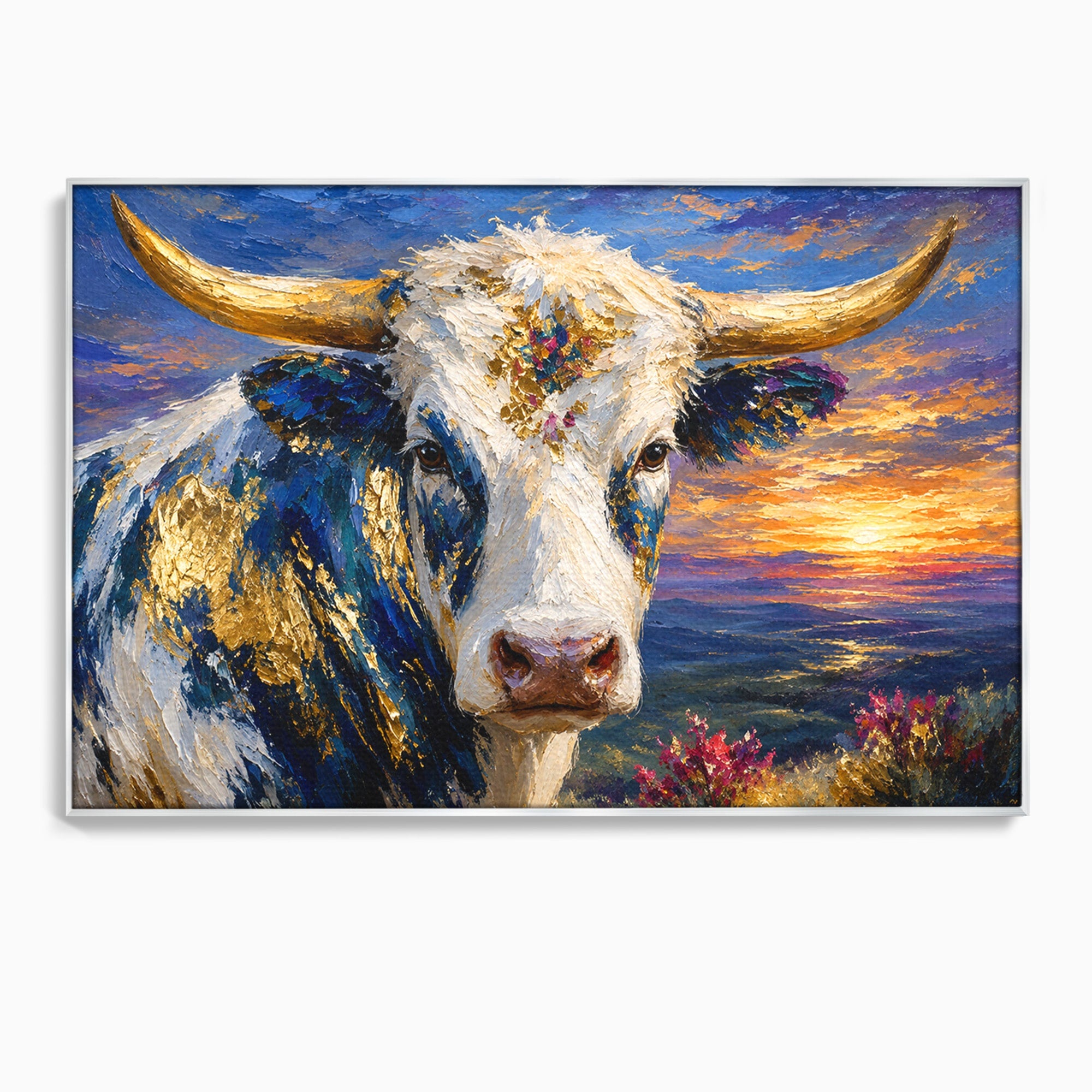 Tablou Canvas Premium LuxCanva® M1669, Vaca La Apus, Vaca, Apus, Peisaj, Animale, Living, Culori Vibrante