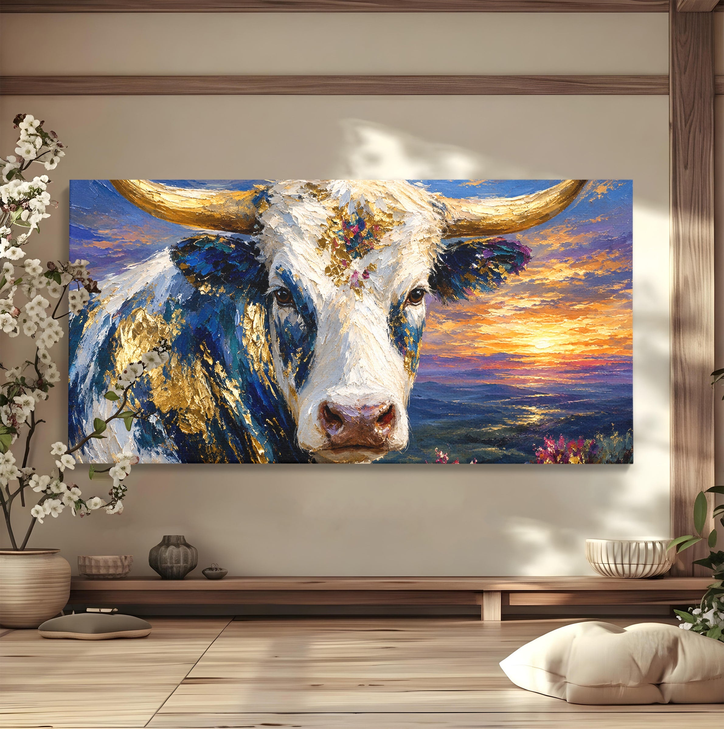 Tablou Canvas Premium LuxCanva® M1669, Vaca La Apus, Vaca, Apus, Peisaj, Animale, Living, Culori Vibrante