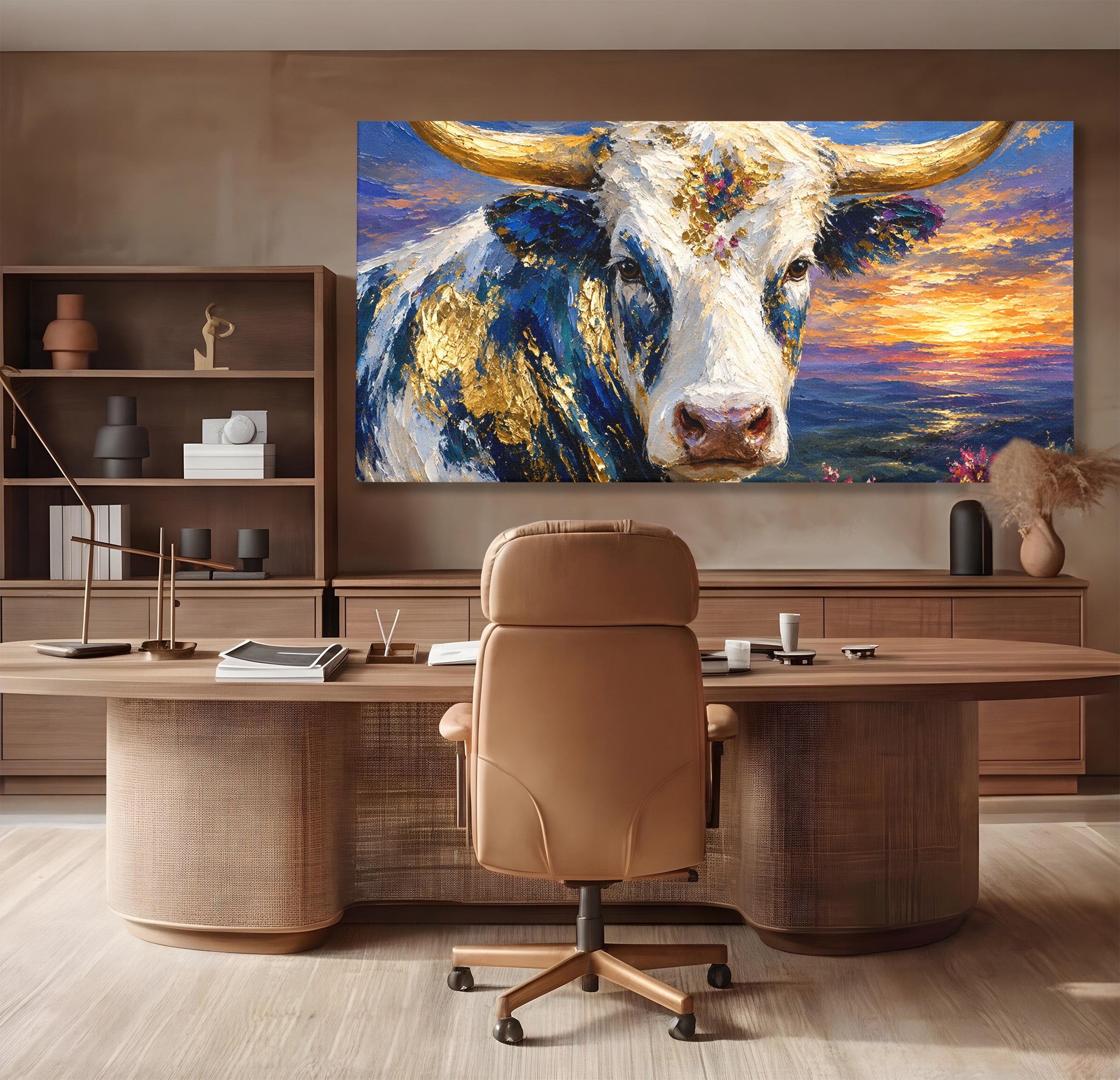 Tablou Canvas Premium LuxCanva® M1669, Vaca La Apus, Vaca, Apus, Peisaj, Animale, Living, Culori Vibrante