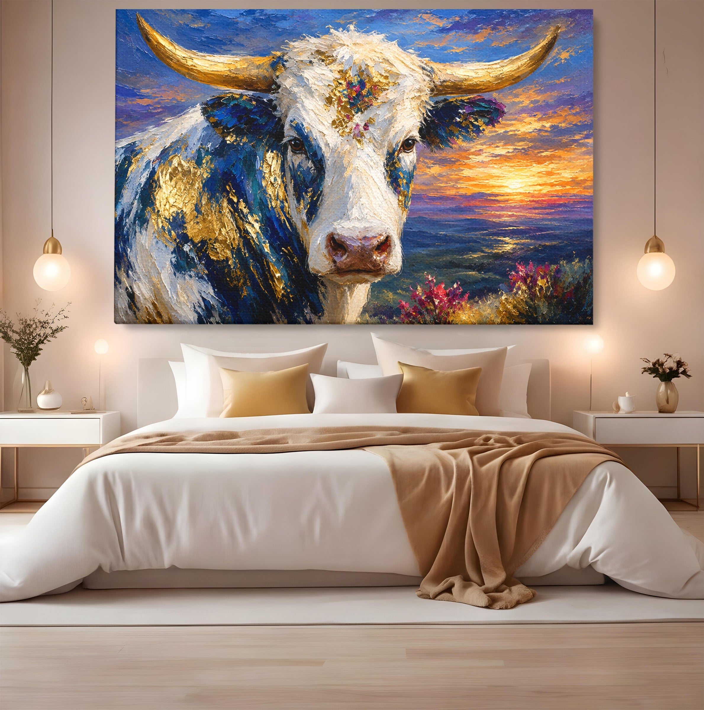 Tablou Canvas Premium LuxCanva® M1669, Vaca La Apus, Vaca, Apus, Peisaj, Animale, Living, Culori Vibrante