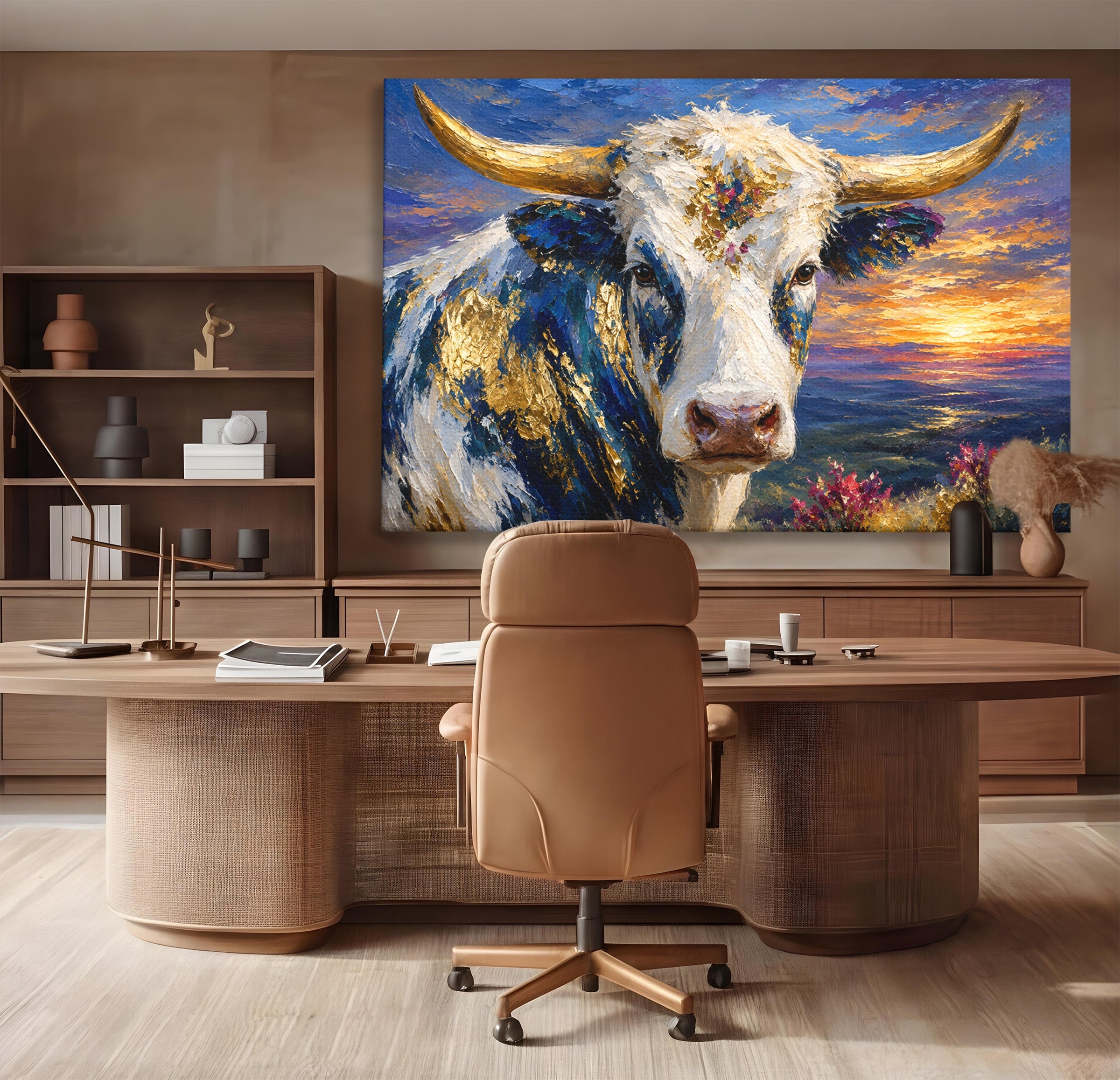 Tablou Canvas Premium LuxCanva® M1669, Vaca La Apus, Vaca, Apus, Peisaj, Animale, Living, Culori Vibrante