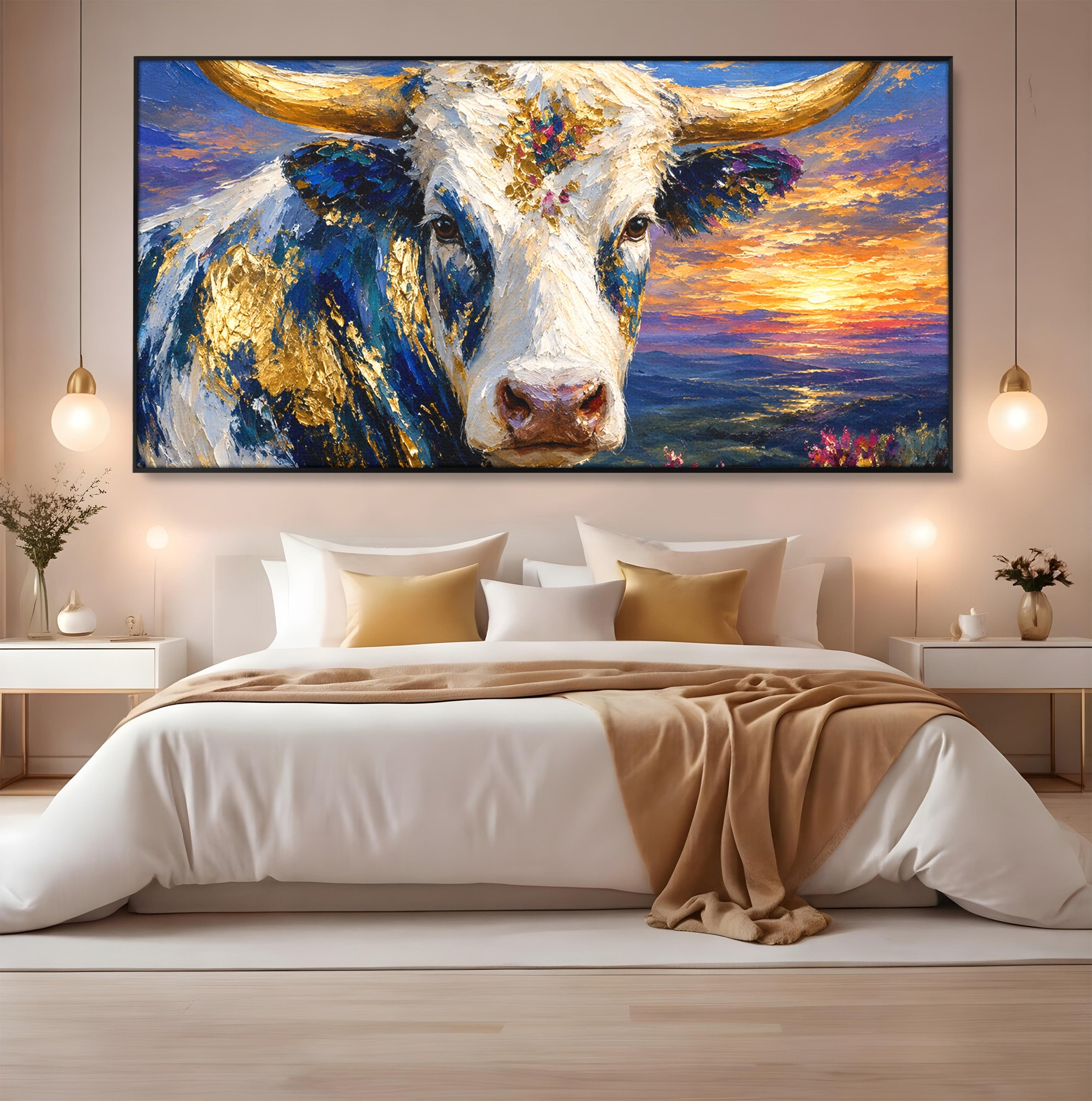 Tablou Canvas Premium LuxCanva® M1669, Vaca La Apus, Vaca, Apus, Peisaj, Animale, Living, Culori Vibrante