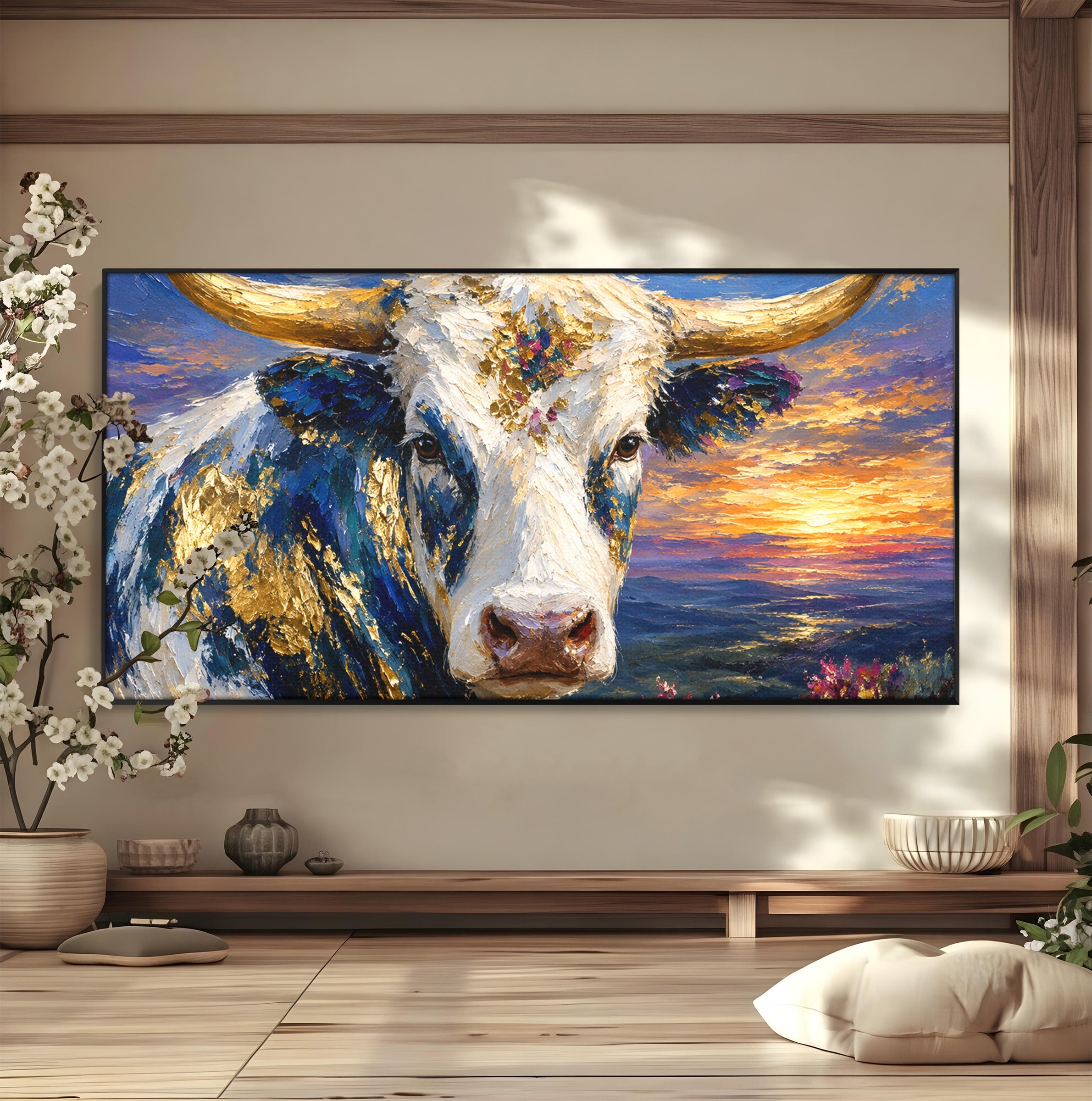 Tablou Canvas Premium LuxCanva® M1669, Vaca La Apus, Vaca, Apus, Peisaj, Animale, Living, Culori Vibrante