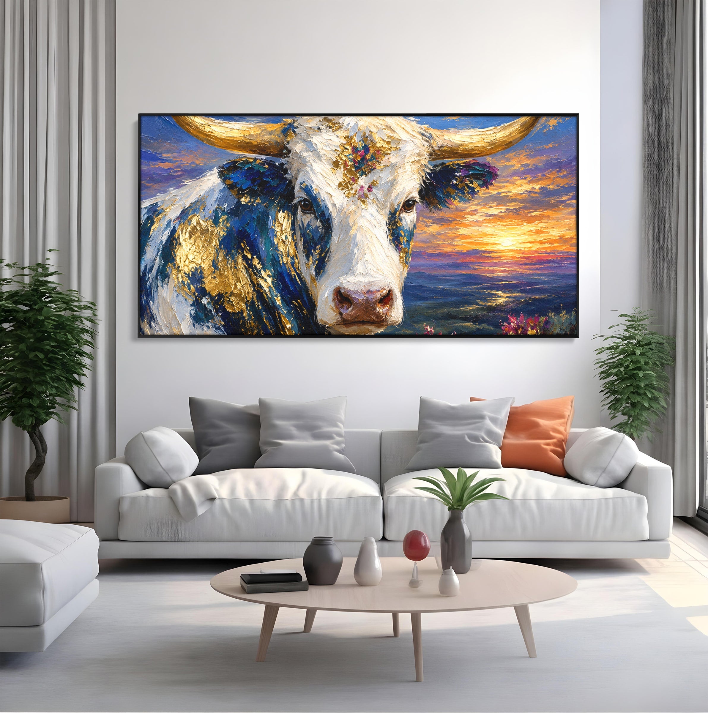Tablou Canvas Premium LuxCanva® M1669, Vaca La Apus, Vaca, Apus, Peisaj, Animale, Living, Culori Vibrante