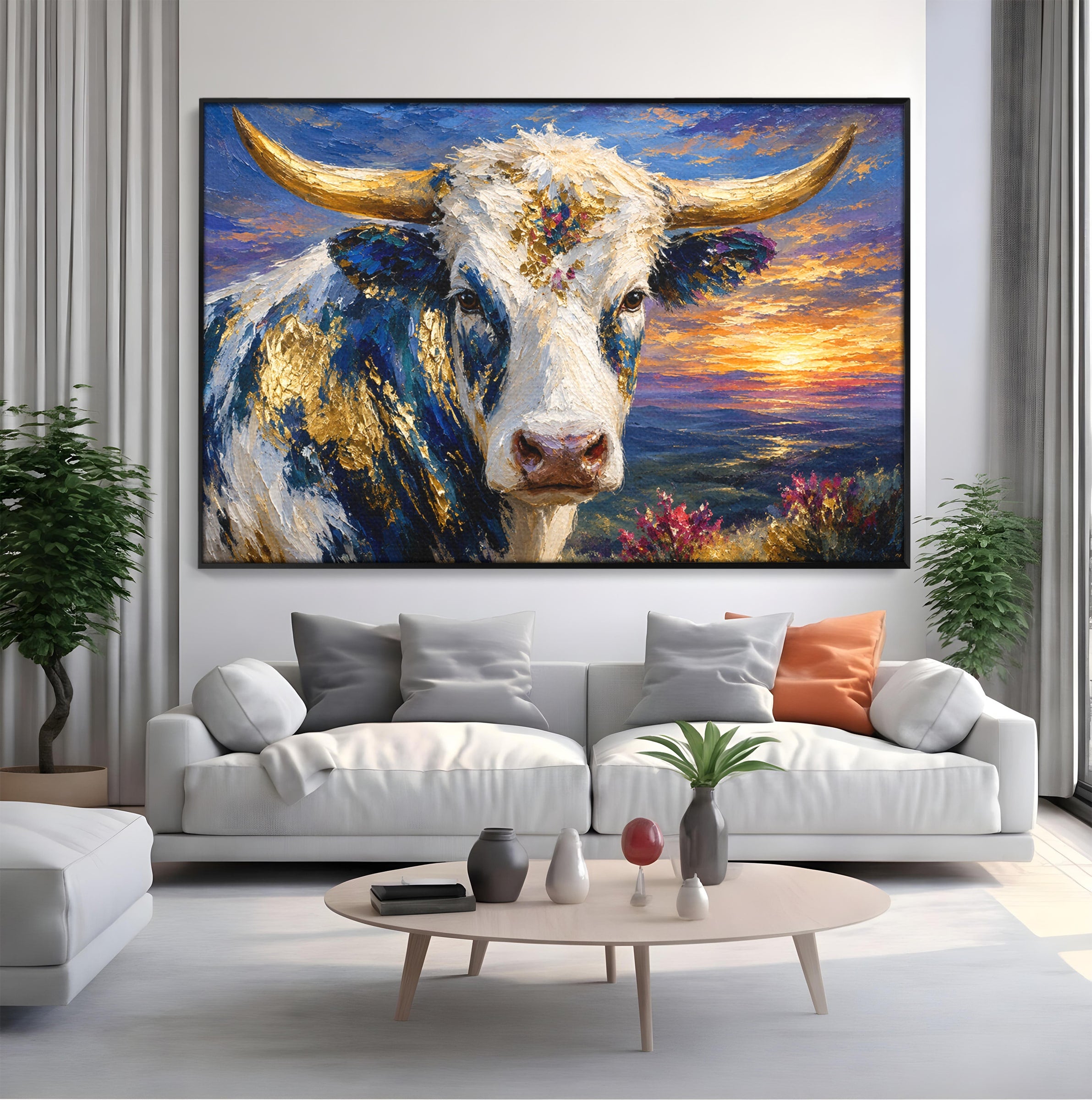 Tablou Canvas Premium LuxCanva® M1669, Vaca La Apus, Vaca, Apus, Peisaj, Animale, Living, Culori Vibrante