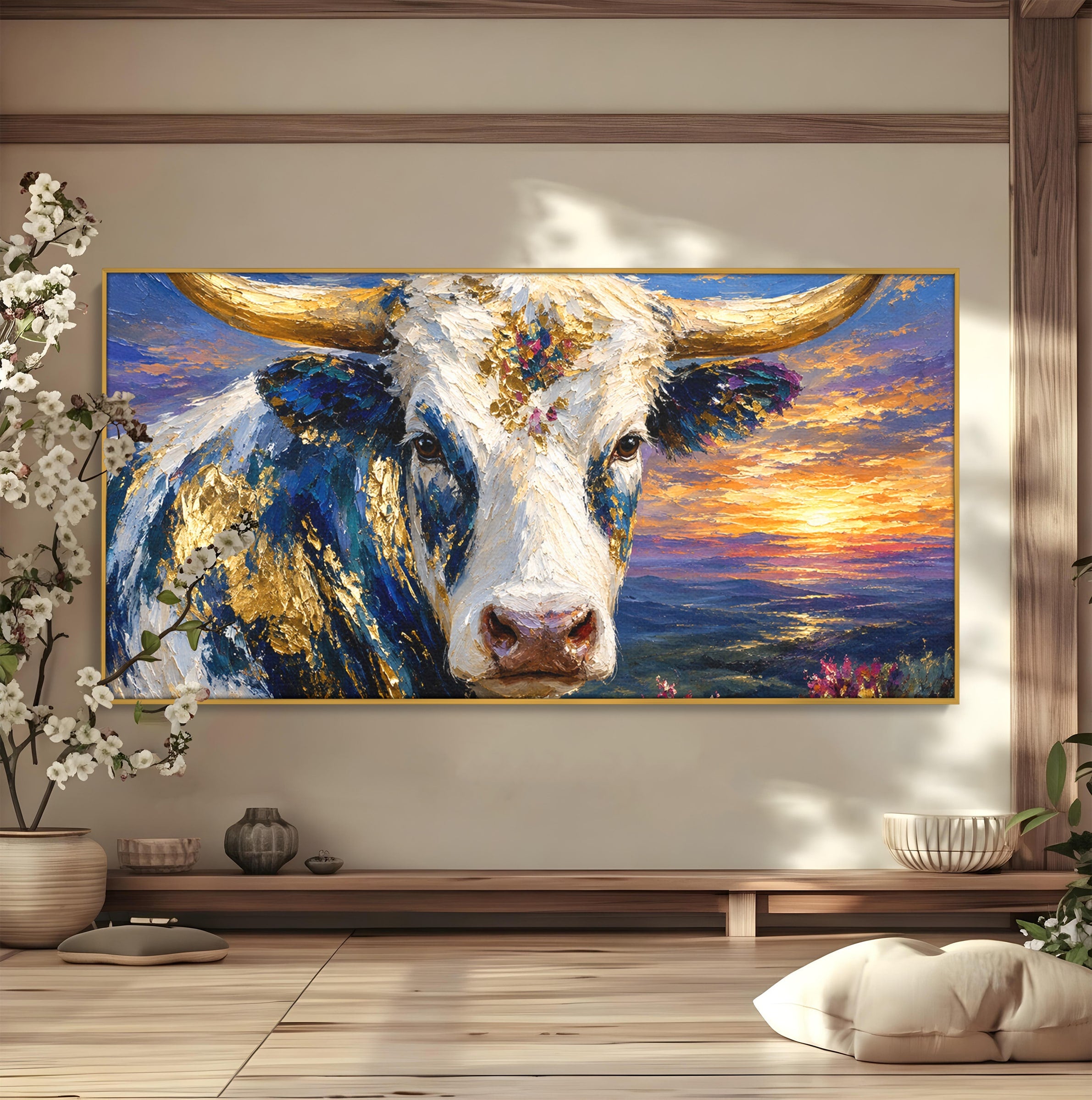 Tablou Canvas Premium LuxCanva® M1669, Vaca La Apus, Vaca, Apus, Peisaj, Animale, Living, Culori Vibrante