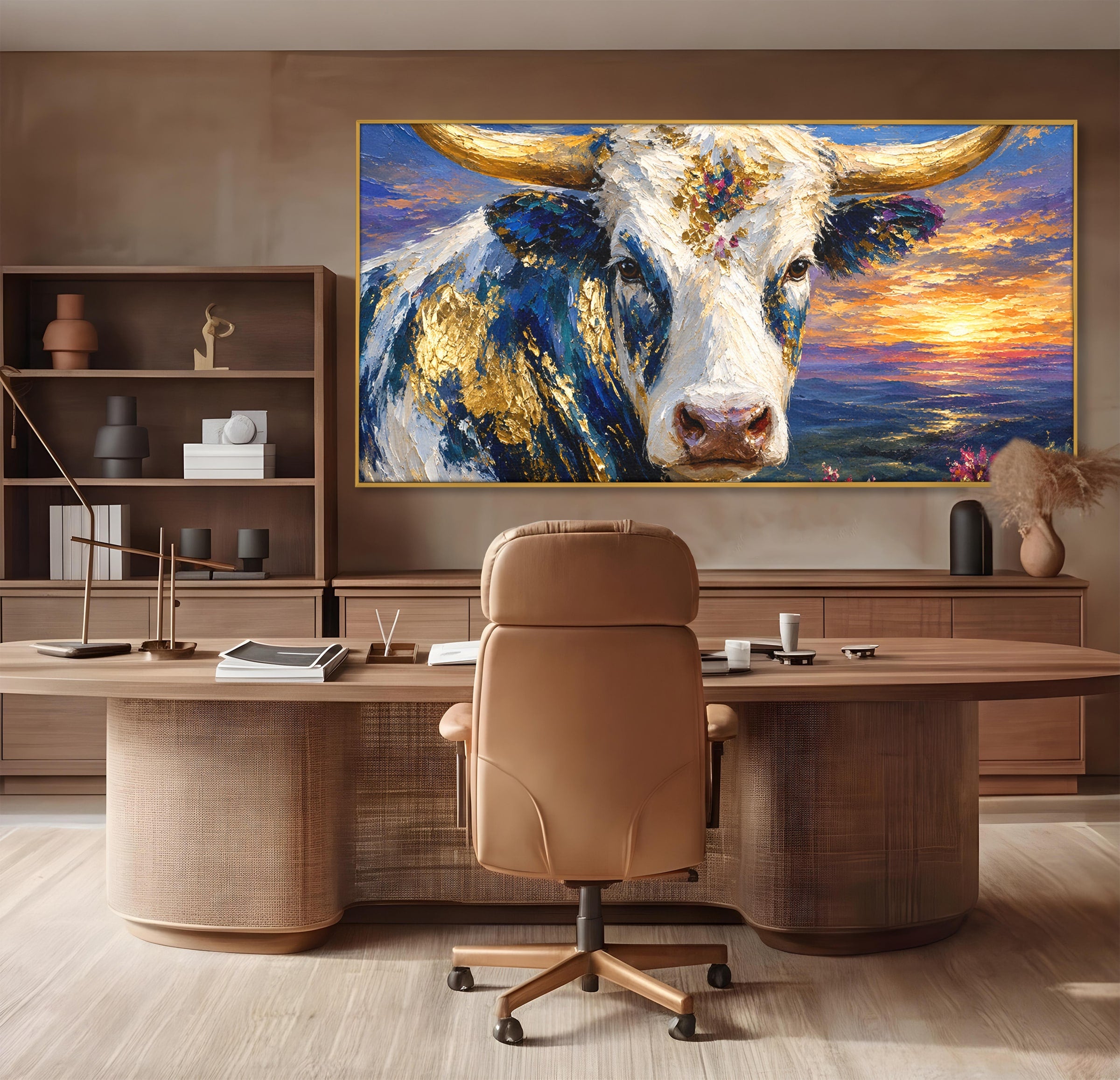 Tablou Canvas Premium LuxCanva® M1669, Vaca La Apus, Vaca, Apus, Peisaj, Animale, Living, Culori Vibrante