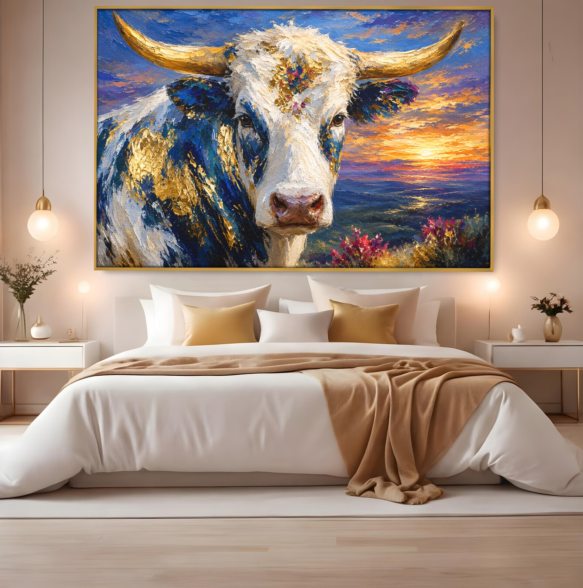 Tablou Canvas Premium LuxCanva® M1669, Vaca La Apus, Vaca, Apus, Peisaj, Animale, Living, Culori Vibrante