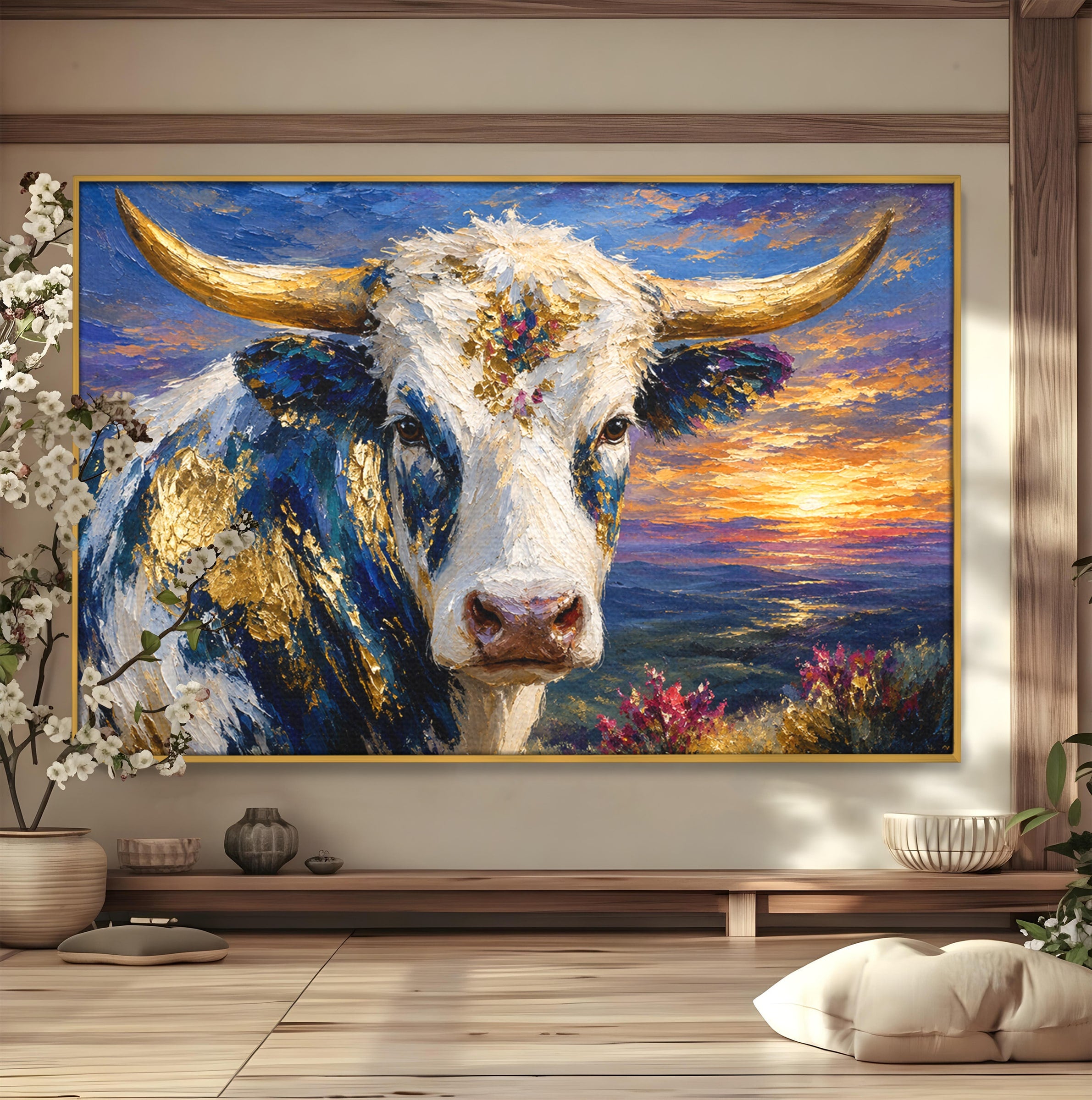 Tablou Canvas Premium LuxCanva® M1669, Vaca La Apus, Vaca, Apus, Peisaj, Animale, Living, Culori Vibrante
