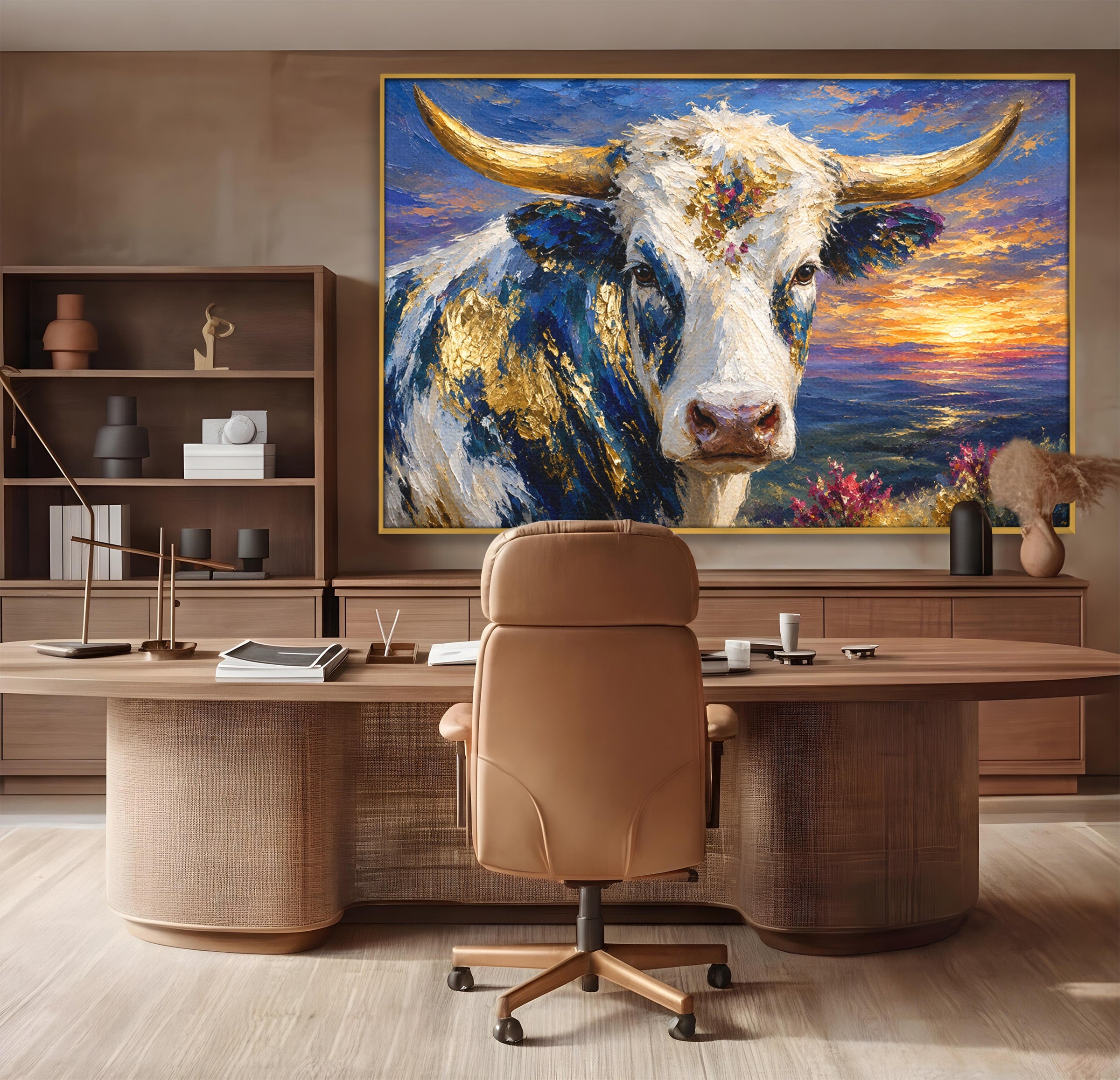 Tablou Canvas Premium LuxCanva® M1669, Vaca La Apus, Vaca, Apus, Peisaj, Animale, Living, Culori Vibrante