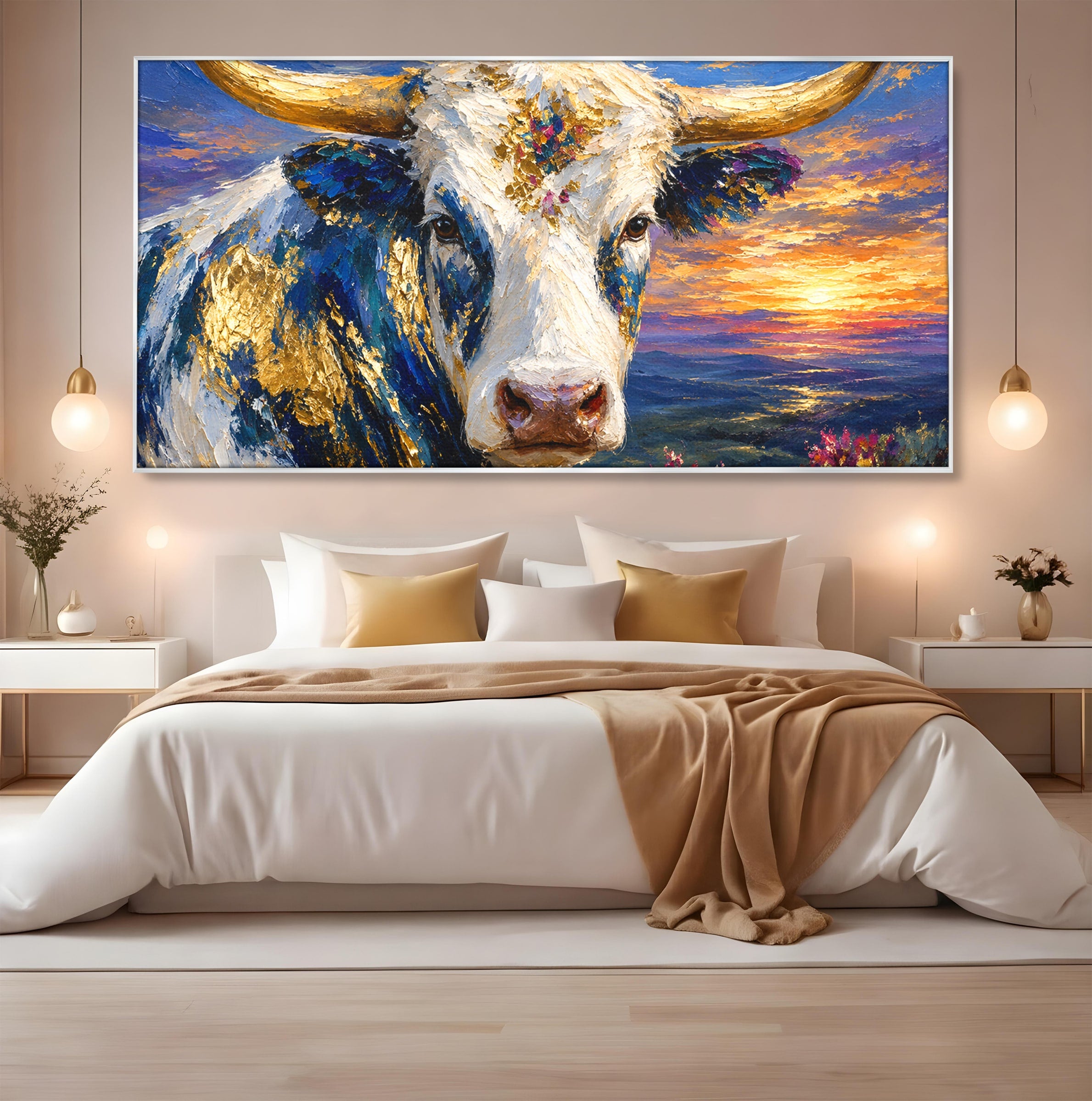 Tablou Canvas Premium LuxCanva® M1669, Vaca La Apus, Vaca, Apus, Peisaj, Animale, Living, Culori Vibrante