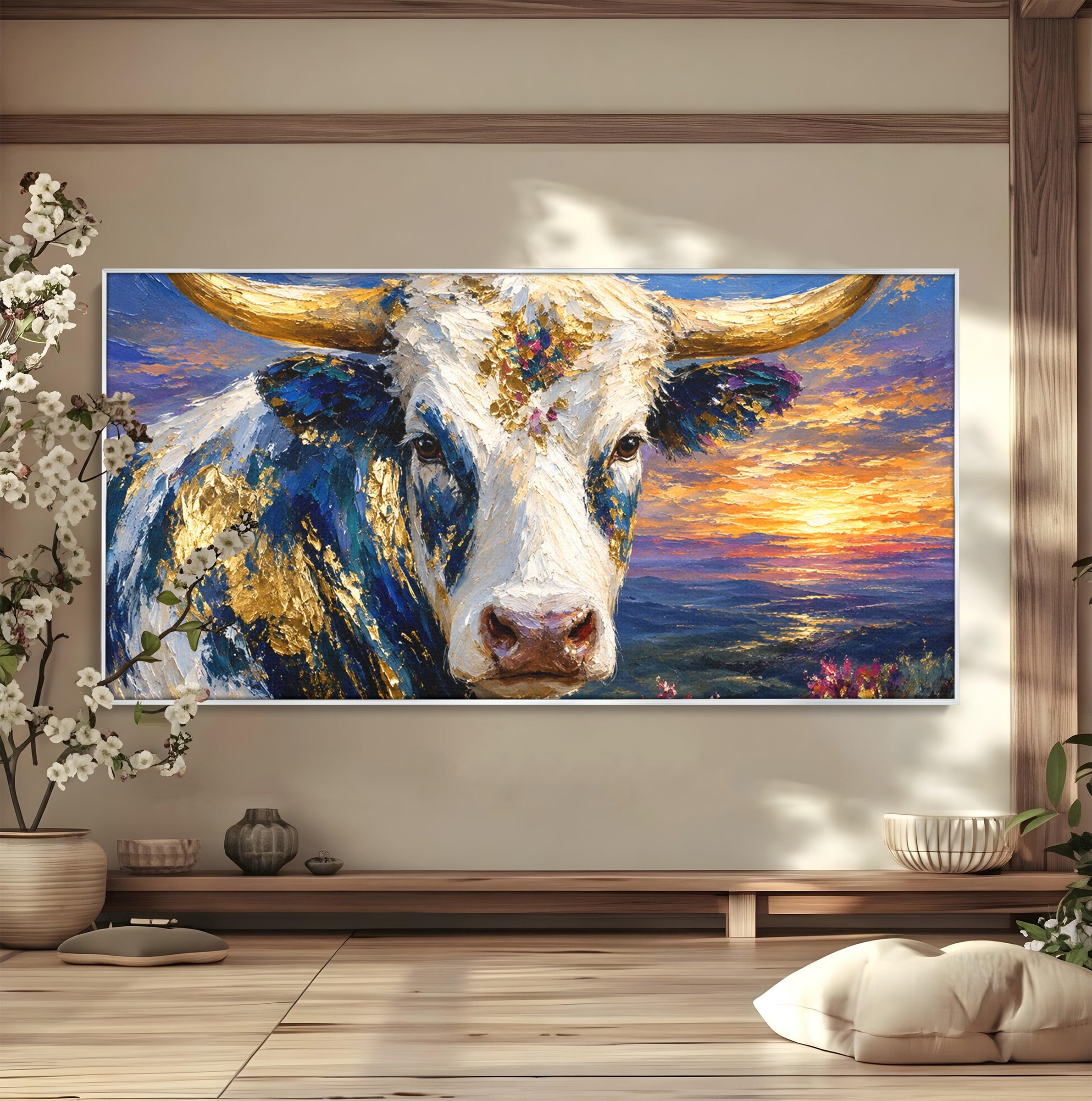 Tablou Canvas Premium LuxCanva® M1669, Vaca La Apus, Vaca, Apus, Peisaj, Animale, Living, Culori Vibrante