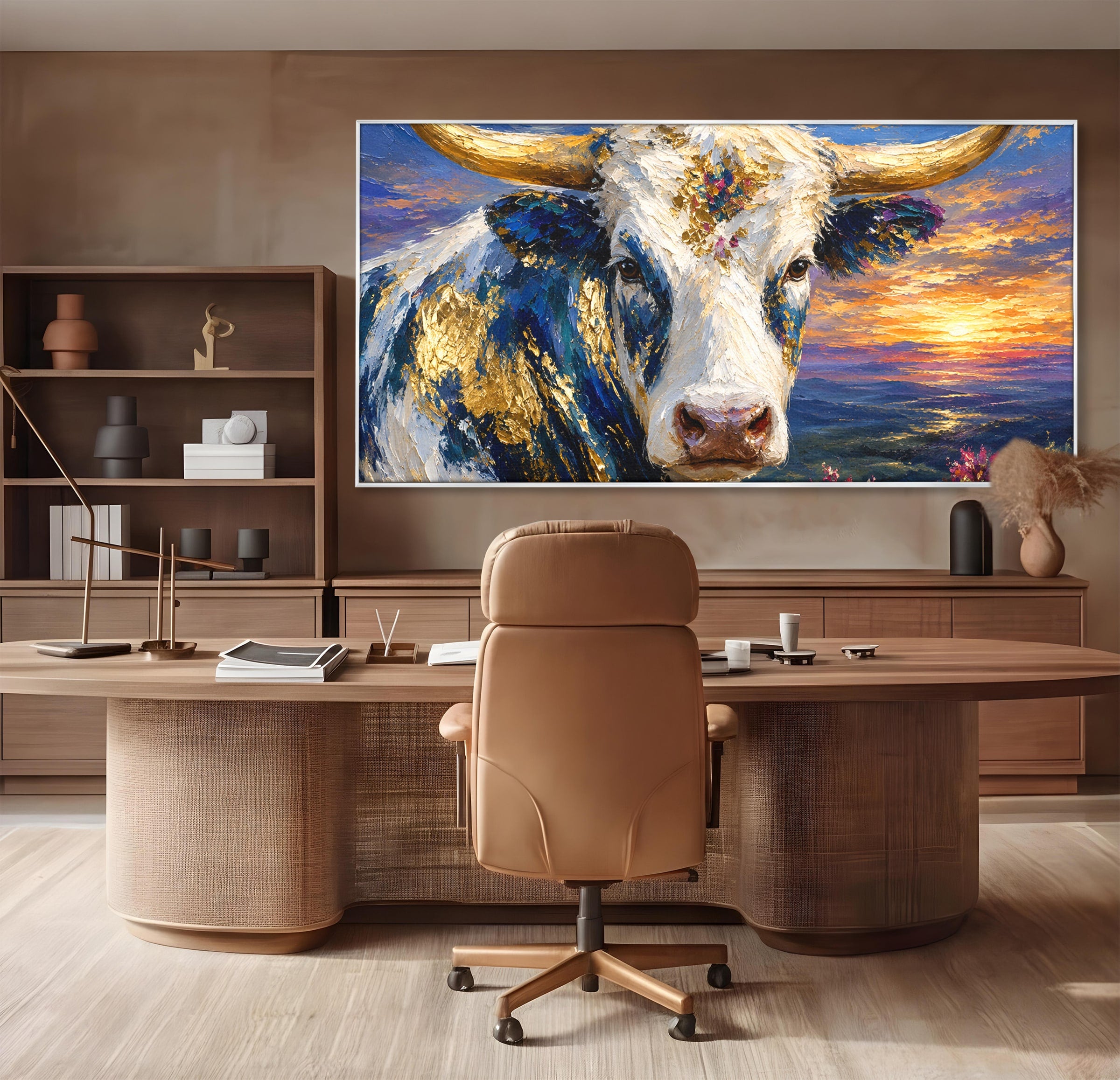 Tablou Canvas Premium LuxCanva® M1669, Vaca La Apus, Vaca, Apus, Peisaj, Animale, Living, Culori Vibrante