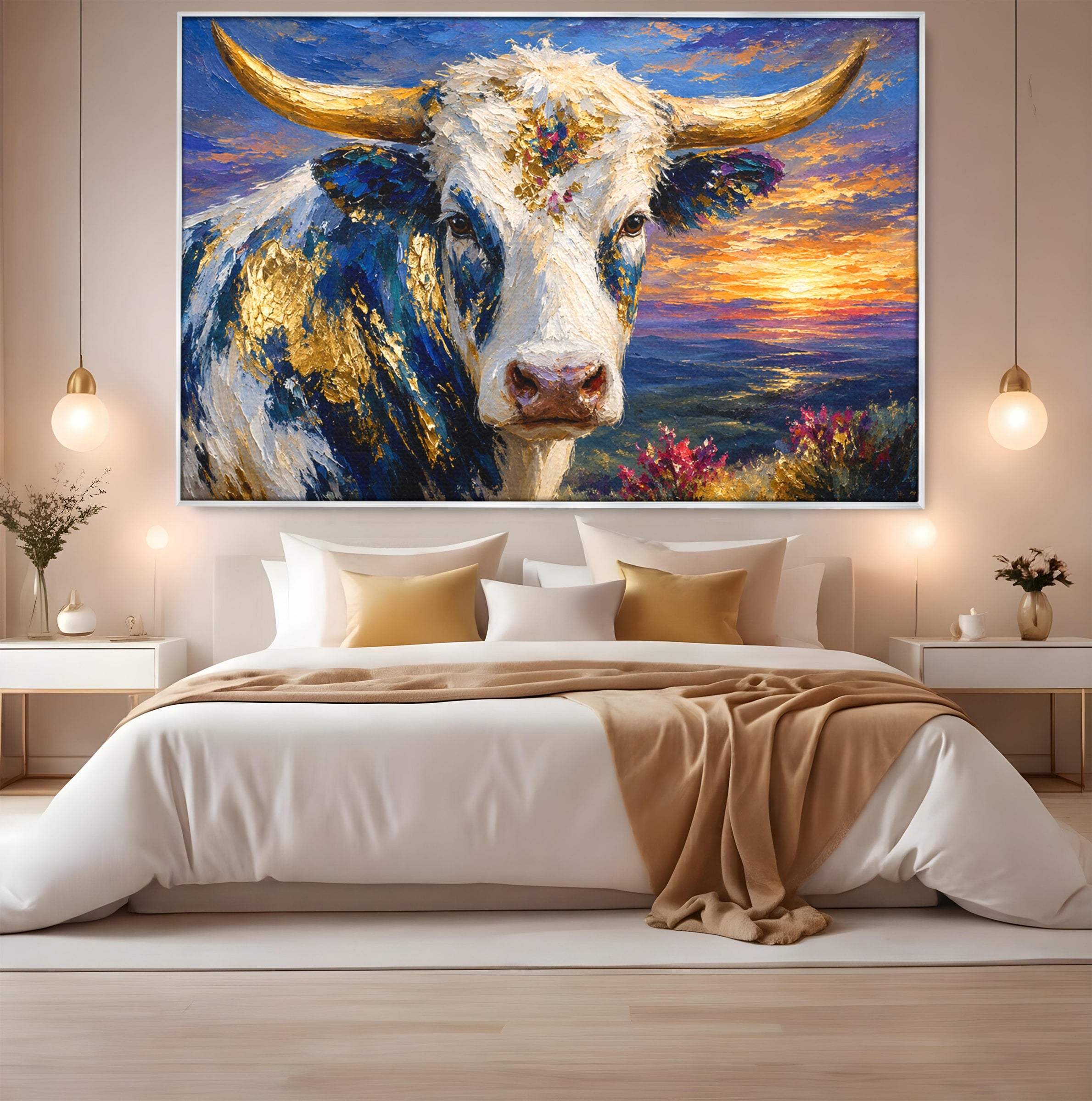 Tablou Canvas Premium LuxCanva® M1669, Vaca La Apus, Vaca, Apus, Peisaj, Animale, Living, Culori Vibrante