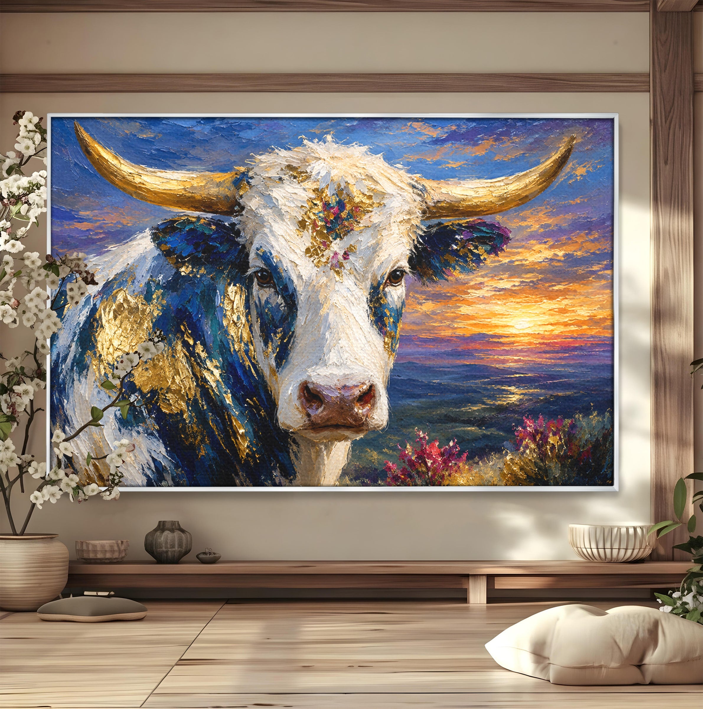 Tablou Canvas Premium LuxCanva® M1669, Vaca La Apus, Vaca, Apus, Peisaj, Animale, Living, Culori Vibrante
