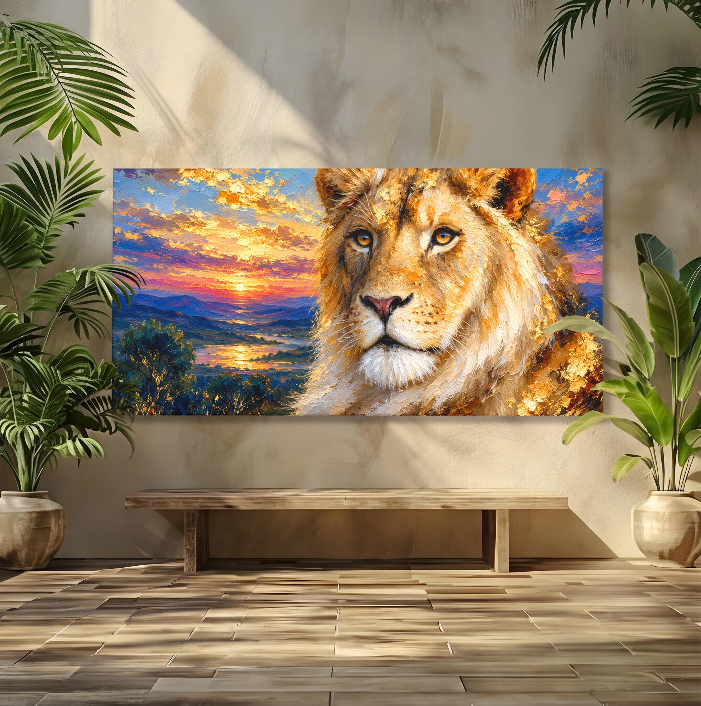 Tablou Canvas Premium LuxCanva® M1671, Privirea Leului, Leu, Apus, Natura, Animale, Living, Culori Vibrante
