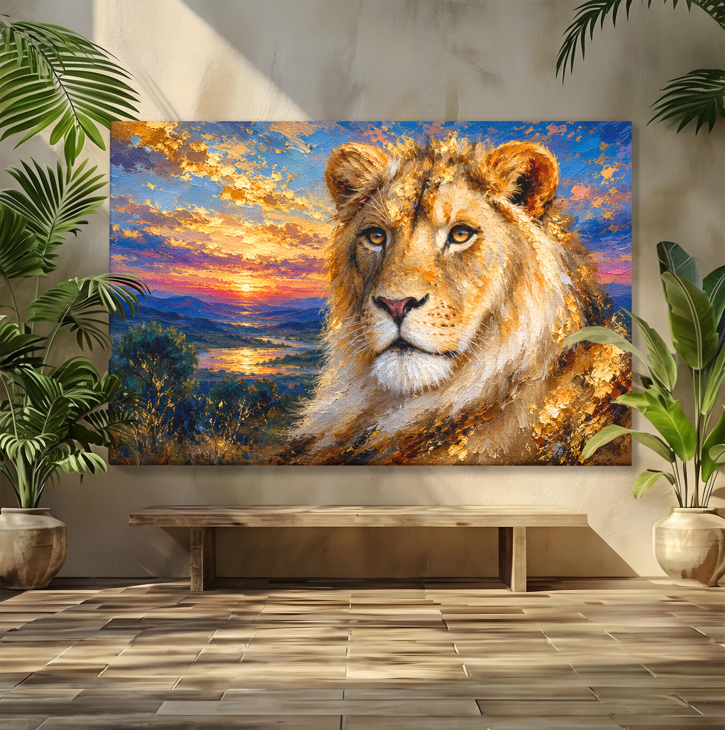 Tablou Canvas Premium LuxCanva® M1671, Privirea Leului, Leu, Apus, Natura, Animale, Living, Culori Vibrante