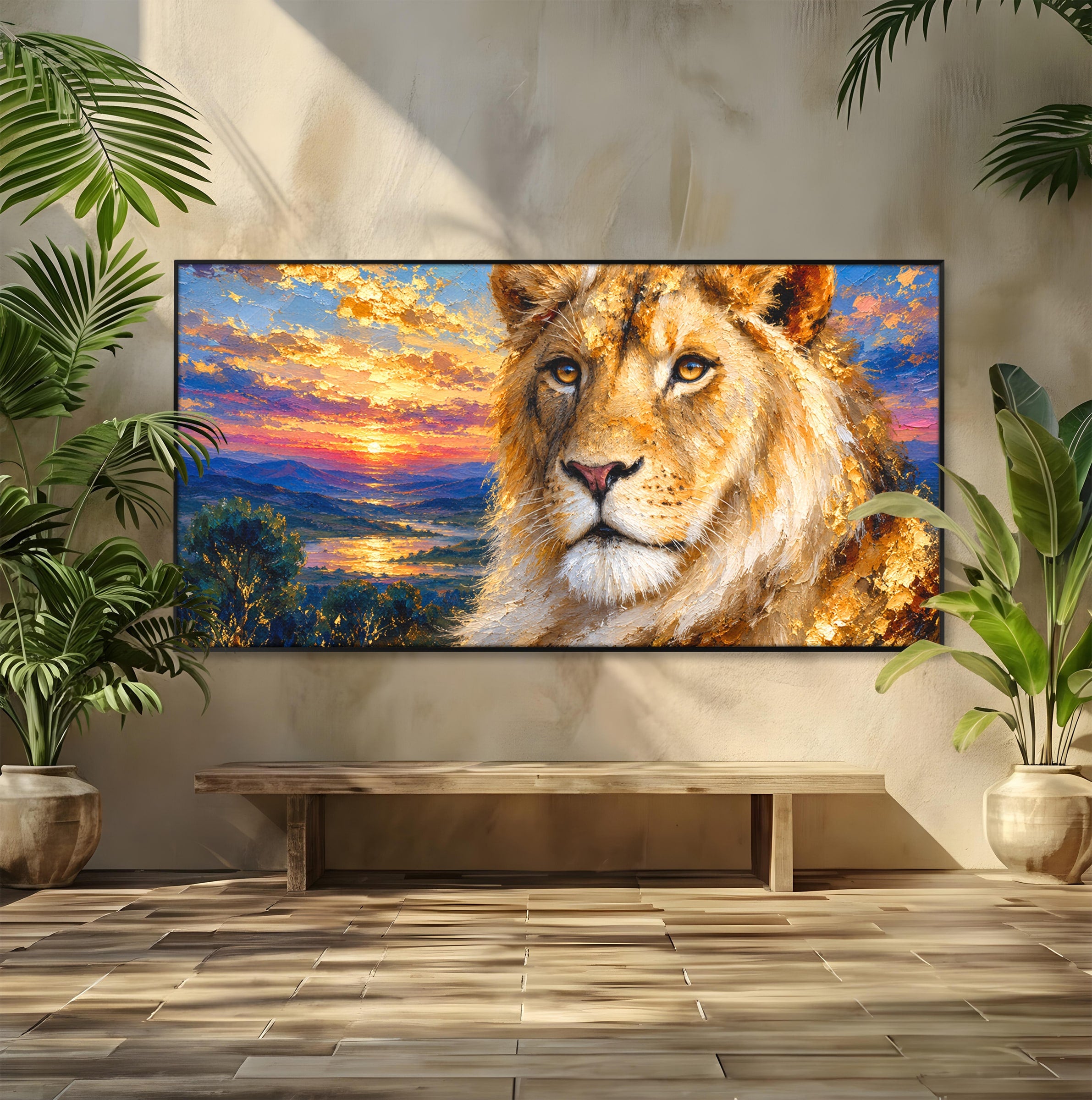 Tablou Canvas Premium LuxCanva® M1671, Privirea Leului, Leu, Apus, Natura, Animale, Living, Culori Vibrante
