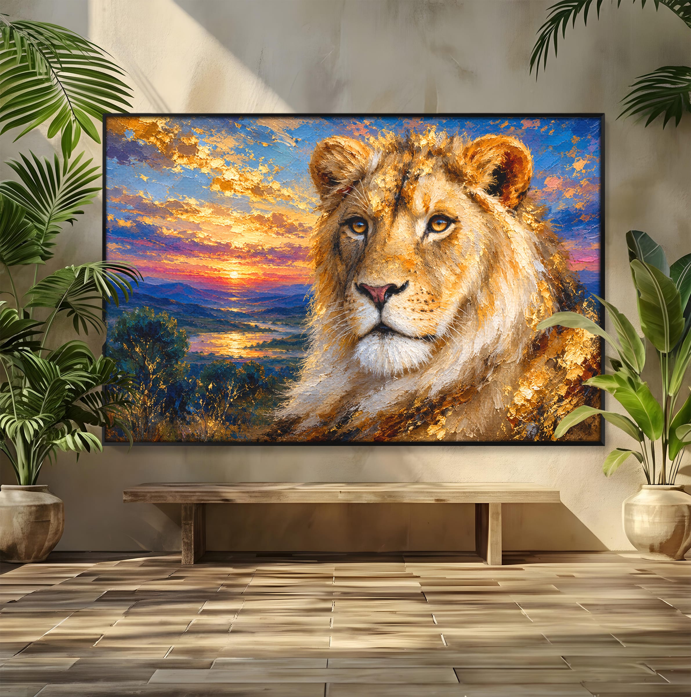 Tablou Canvas Premium LuxCanva® M1671, Privirea Leului, Leu, Apus, Natura, Animale, Living, Culori Vibrante