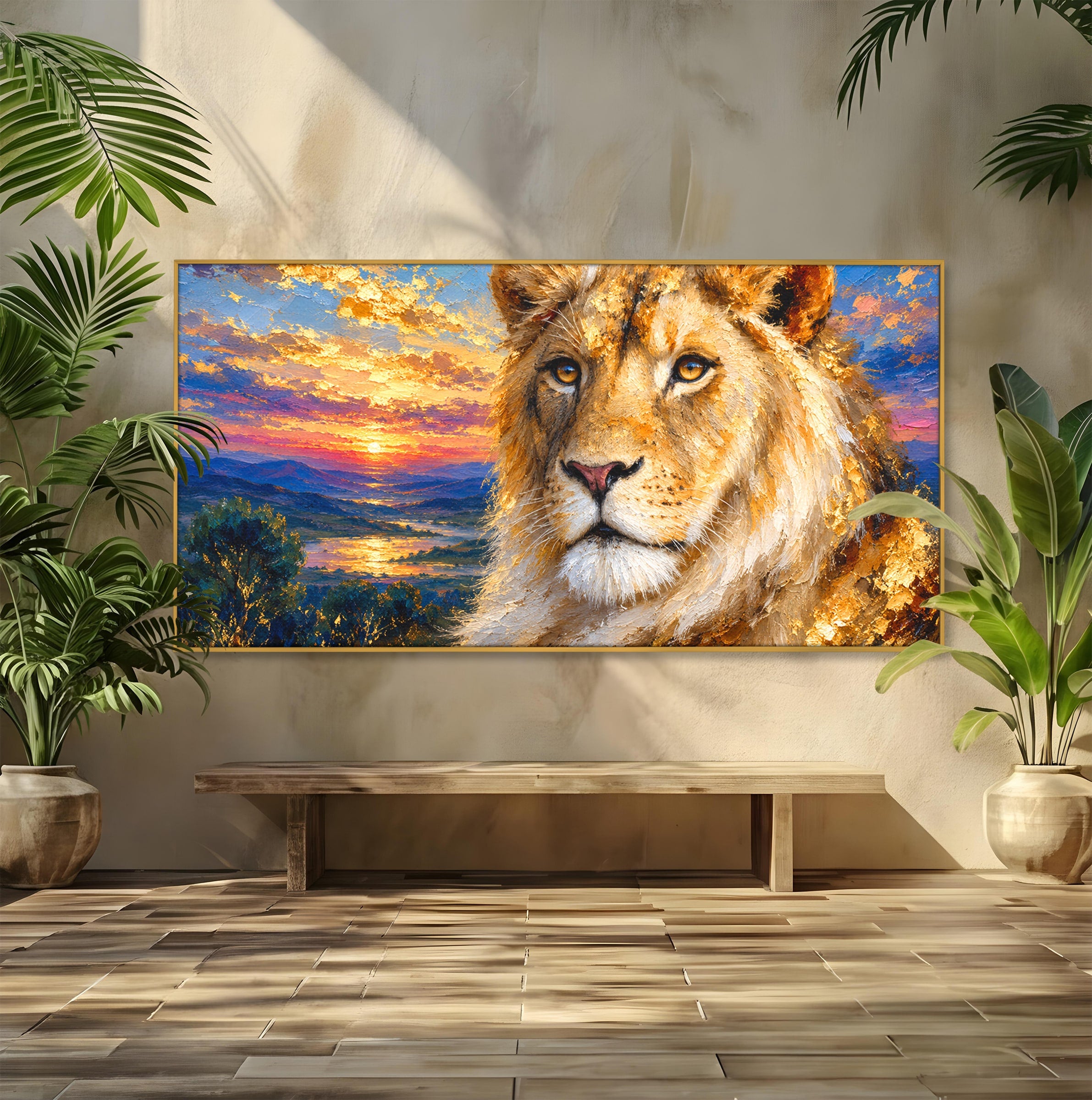 Tablou Canvas Premium LuxCanva® M1671, Privirea Leului, Leu, Apus, Natura, Animale, Living, Culori Vibrante