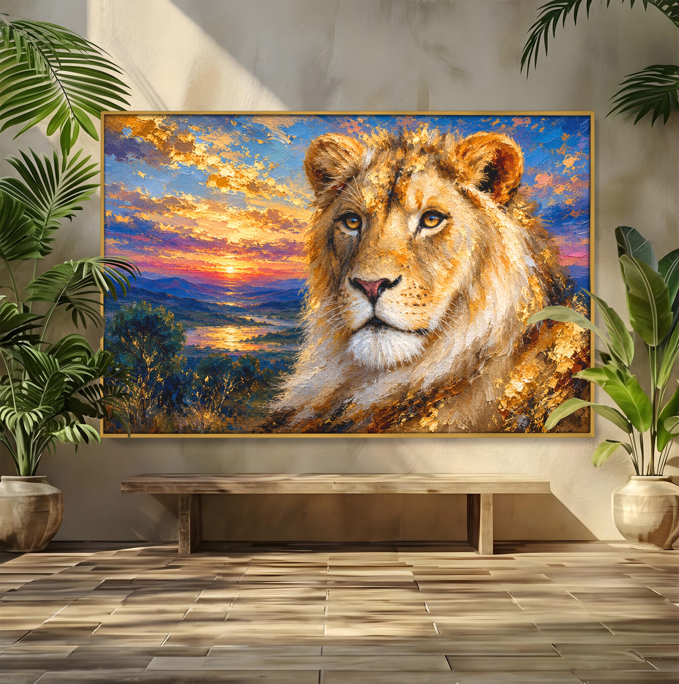 Tablou Canvas Premium LuxCanva® M1671, Privirea Leului, Leu, Apus, Natura, Animale, Living, Culori Vibrante