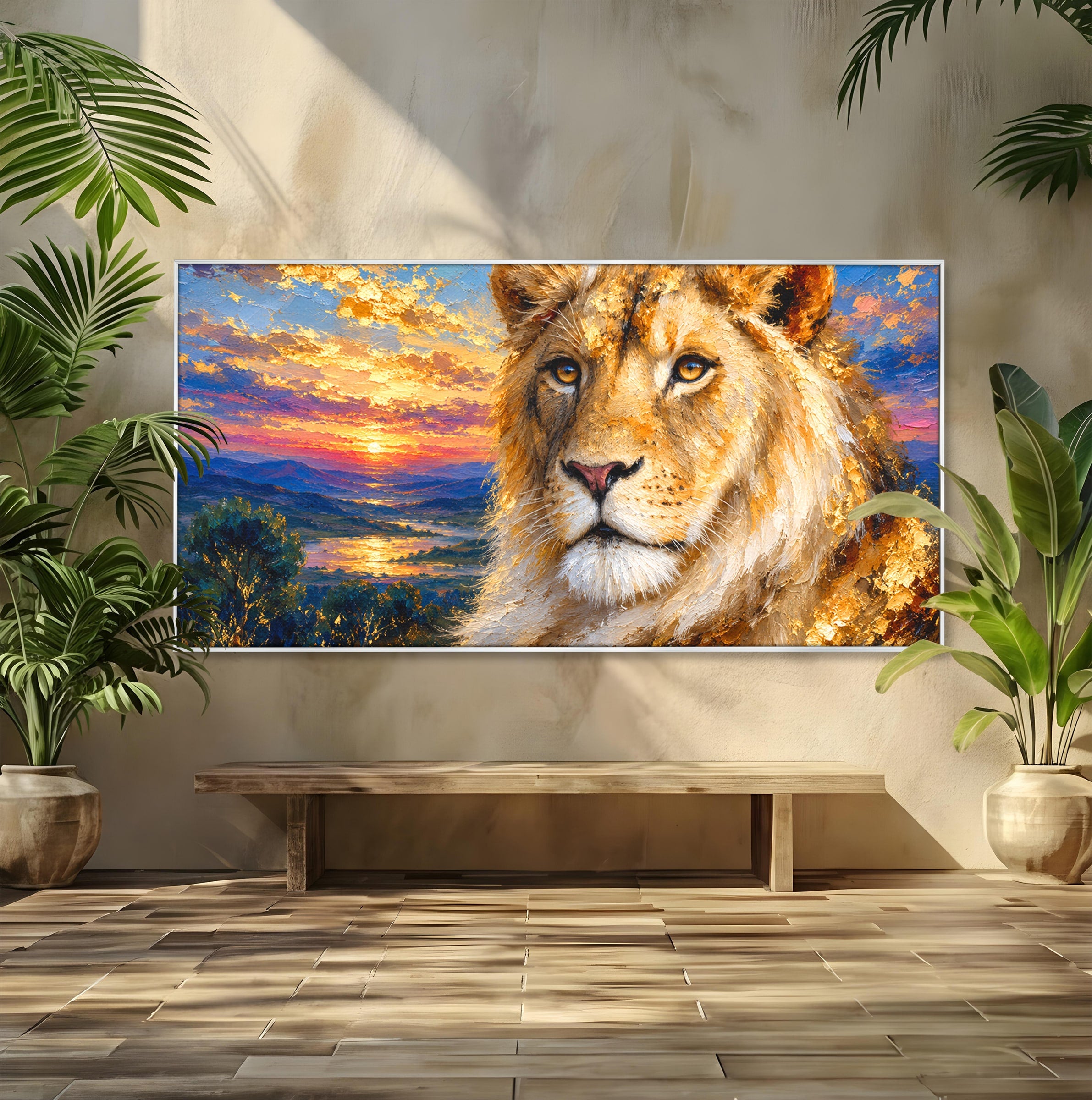 Tablou Canvas Premium LuxCanva® M1671, Privirea Leului, Leu, Apus, Natura, Animale, Living, Culori Vibrante