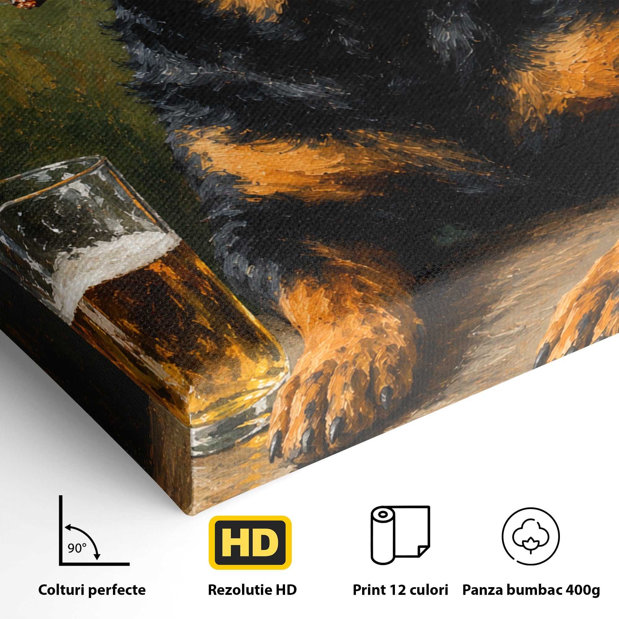 Tablou Canvas Premium LuxCanva® M1672, Caine Cu Palarie Si Bere, Caine, Palarie, Bere, Umor, Animale, Living, Bar, Culori Vibrante