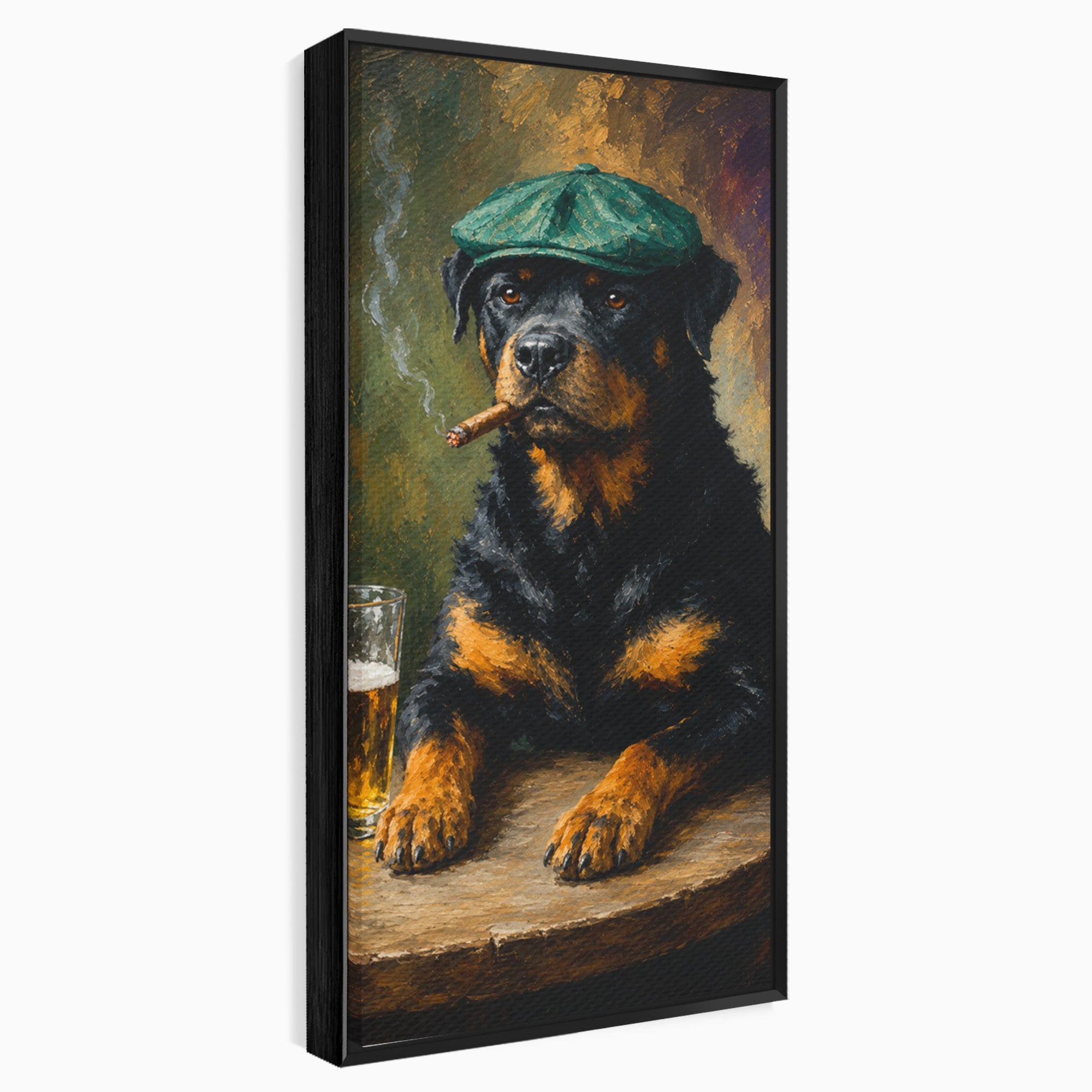 Tablou Canvas Premium LuxCanva® M1672, Caine Cu Palarie Si Bere, Caine, Palarie, Bere, Umor, Animale, Living, Bar, Culori Vibrante