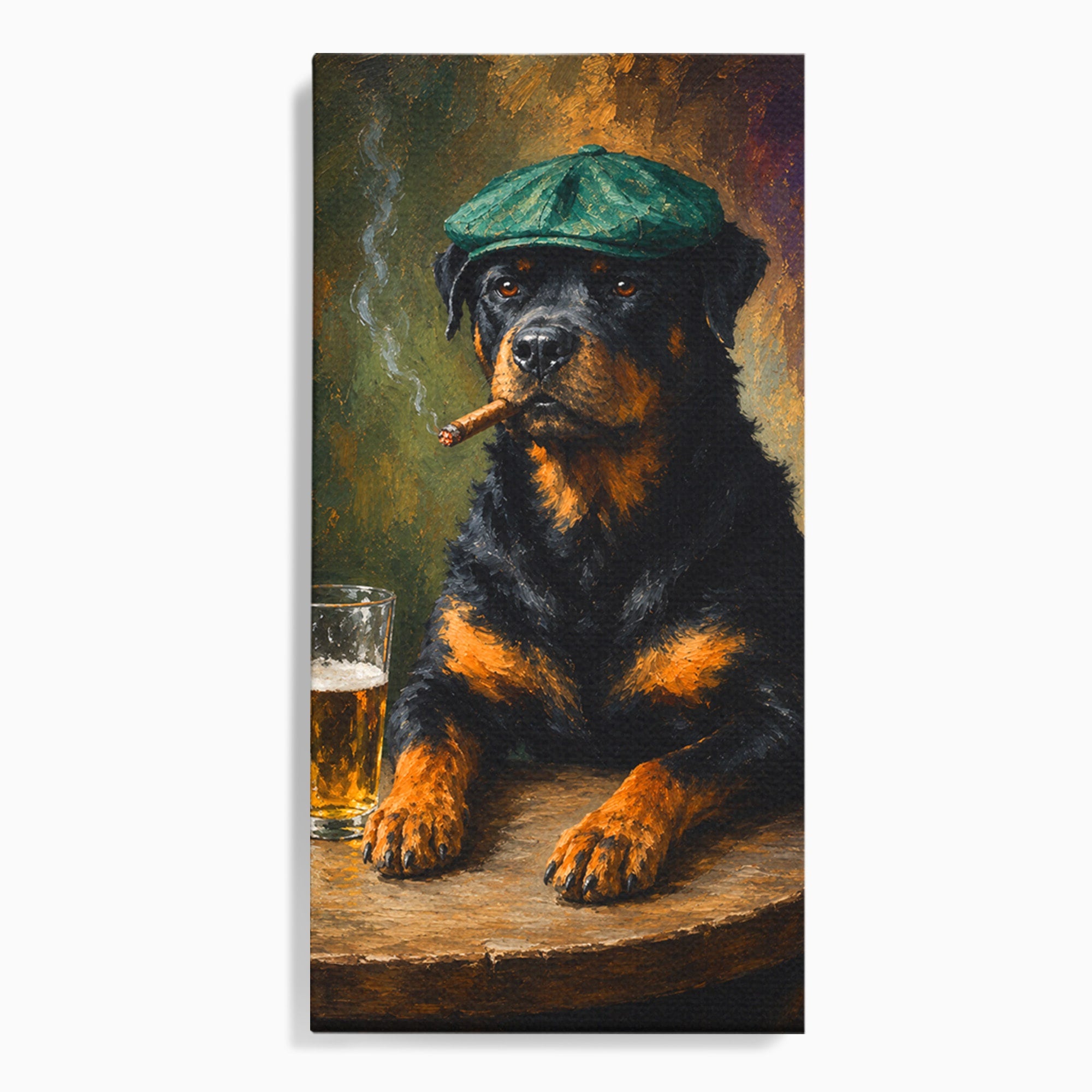 Tablou Canvas Premium LuxCanva® M1672, Caine Cu Palarie Si Bere, Caine, Palarie, Bere, Umor, Animale, Living, Bar, Culori Vibrante